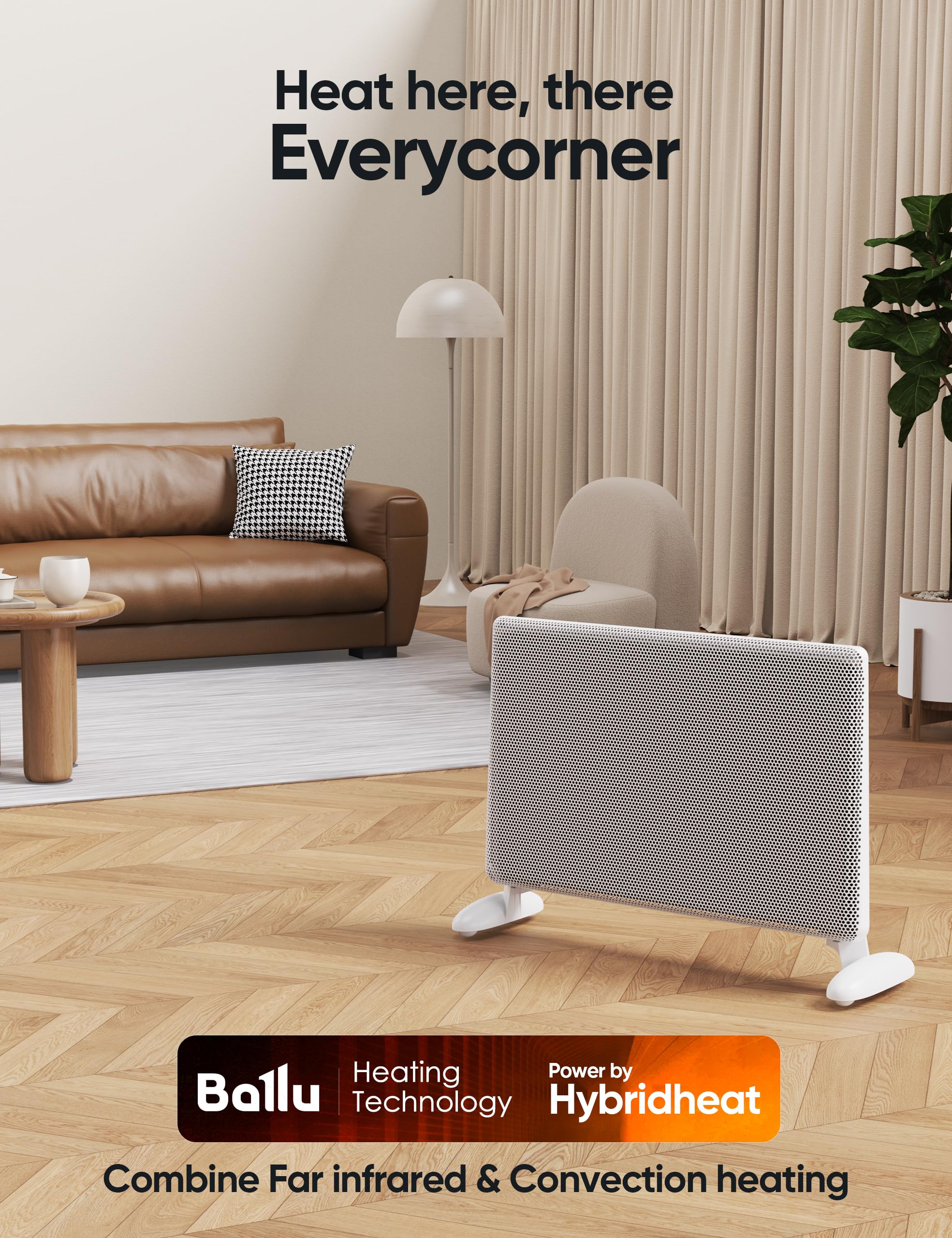 Ballu Mica Infrared Space Heater 1500W - Smart WiFi & Alexa Compatible Electric Panel Heater with Programmable Thermostat, Portable Stand & Wall Mount for Large Rooms - Energy Efficient Indoor Heating for Home, Office & Bedroom Use