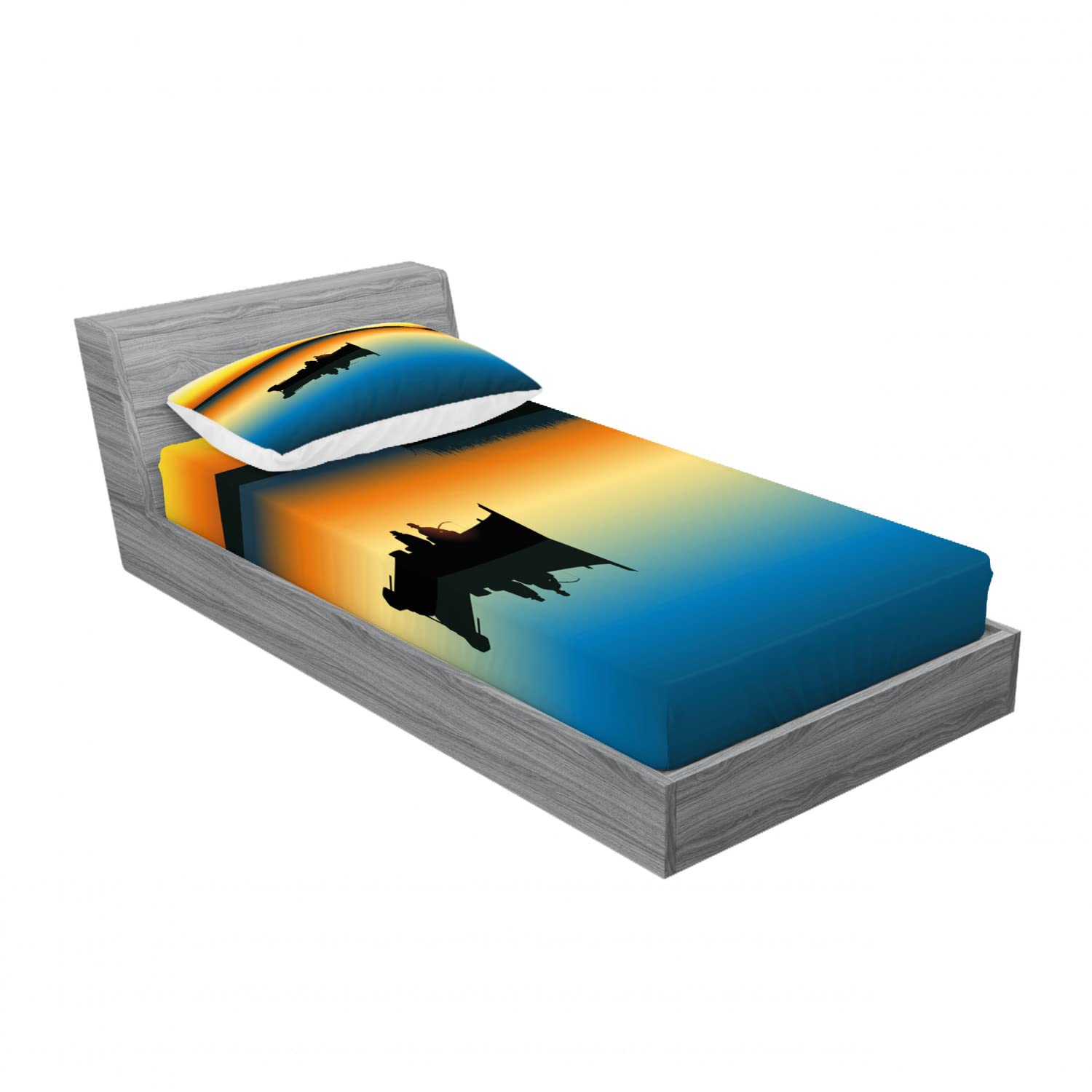 Ambesonne 2-Pack Twin Size Fitted Sheets & Pillow Sham Set - Sunset Lake Fishing Design, Orange & Blue 4-Piece Bedding Set for Cozy Bedroom Decor | Perfect for Guest Rooms, Dorms & Vacation Homes
