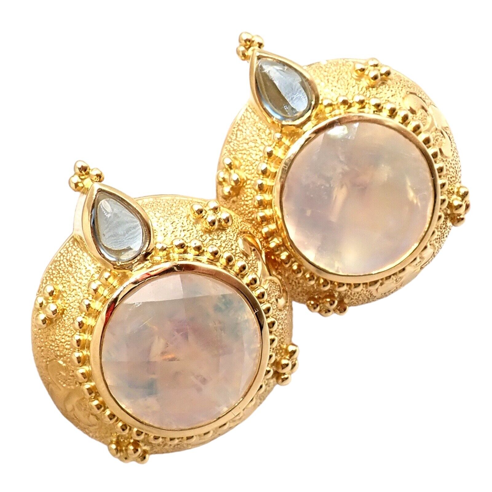 Exquisite Vintage Paula Crevoshay 18K Gold Aquamarine Moonstone Round Earrings - Unique Handcrafted Jewelry for Weddings & Special Occasions