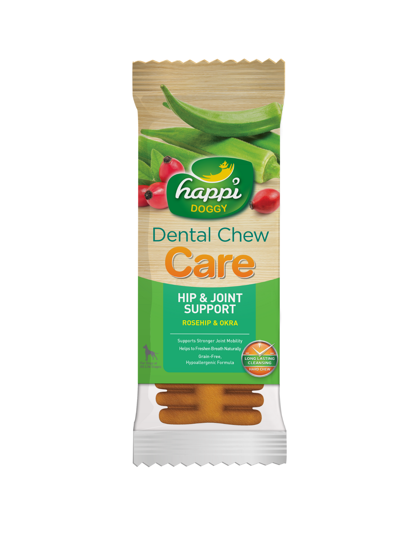 Happi Doggy Dental Chew for Dogs - Rosehip & Okra Flavor, Hip & Joint Support, 4 Inch - Healthy Teeth & Gum Care for Small & Medium Breeds - Perfect for Daily Dental Hygiene & Chewing Fun