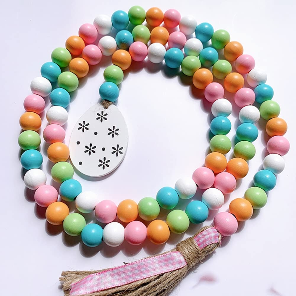 Colorful Wood Bead Garland with Jute Tassel & Bunny/Egg Tag - Rustic Easter Spring Decor for Farmhouse Wall Hanging, Prayer Beads - Perfect for Easter Home Decor, Spring Parties & Farmhouse Style Interiors