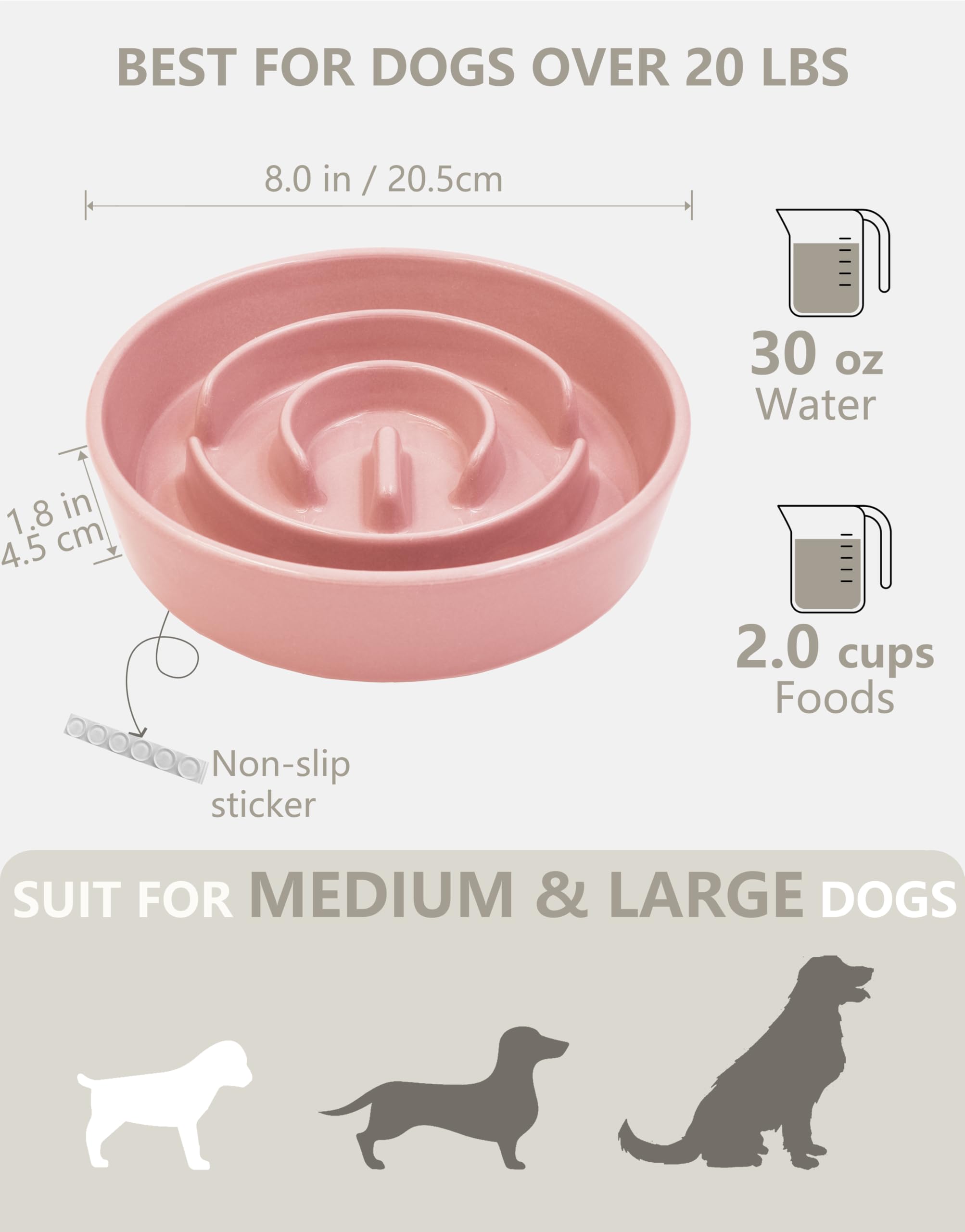 Ceramic Slow Feeder Dog Bowl - 30oz Puzzle Maze Bowl for Medium & Large Dogs - Helps Prevent Bloat & Improve Digestion - Perfect for Fast Eaters & Mealtime Enrichment - 8 Inch Pink Pet Feeding Dish for Home or Travel Use