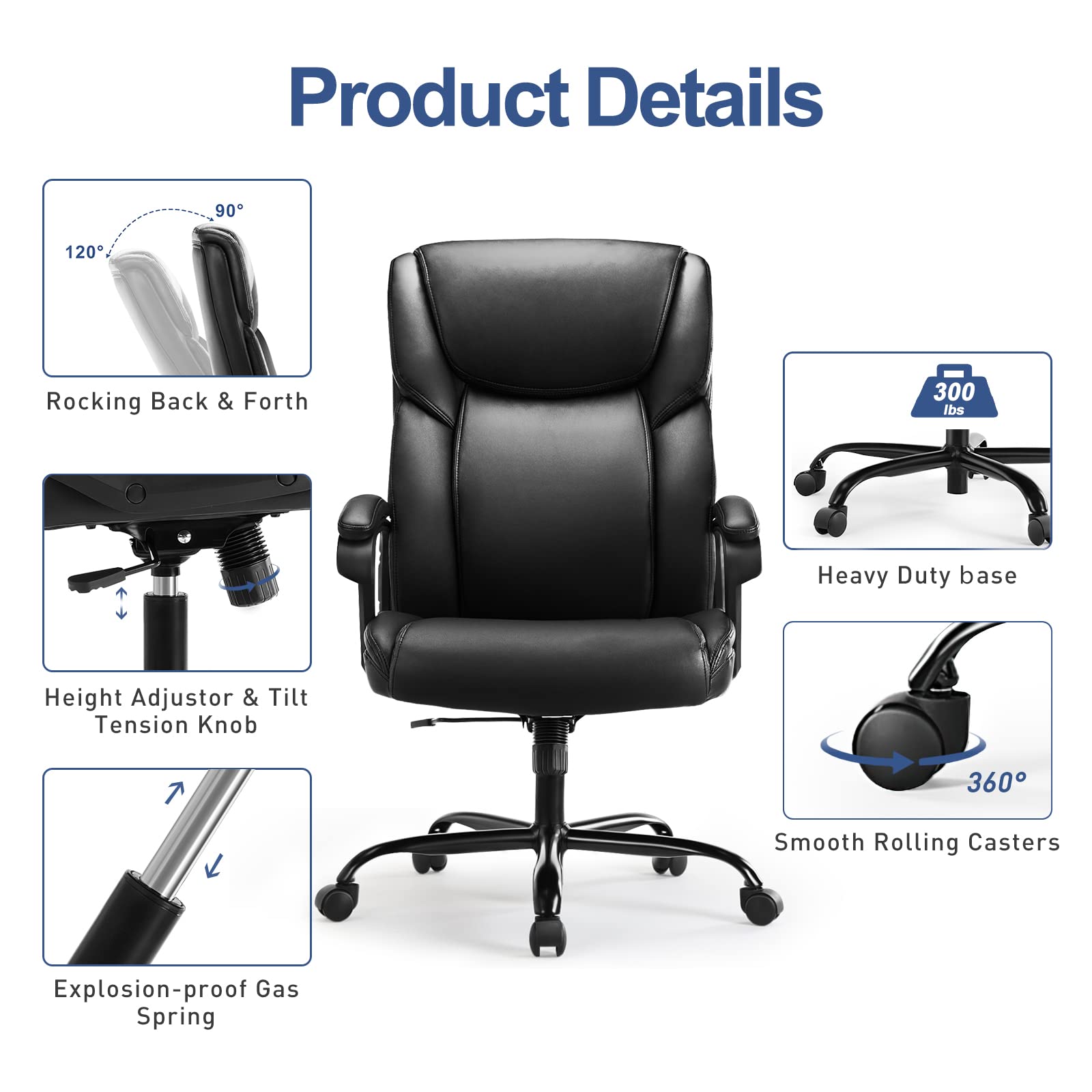 Premium Executive Office Chair - High Back Ergonomic Desk Chair with Soft Armrests, Adjustable Height & Lumbar Support - Big & Tall Bonded Leather Computer Chair for Home & Office Workspaces - Perfect for Long Hours of Comfortable Sitting & Productivity