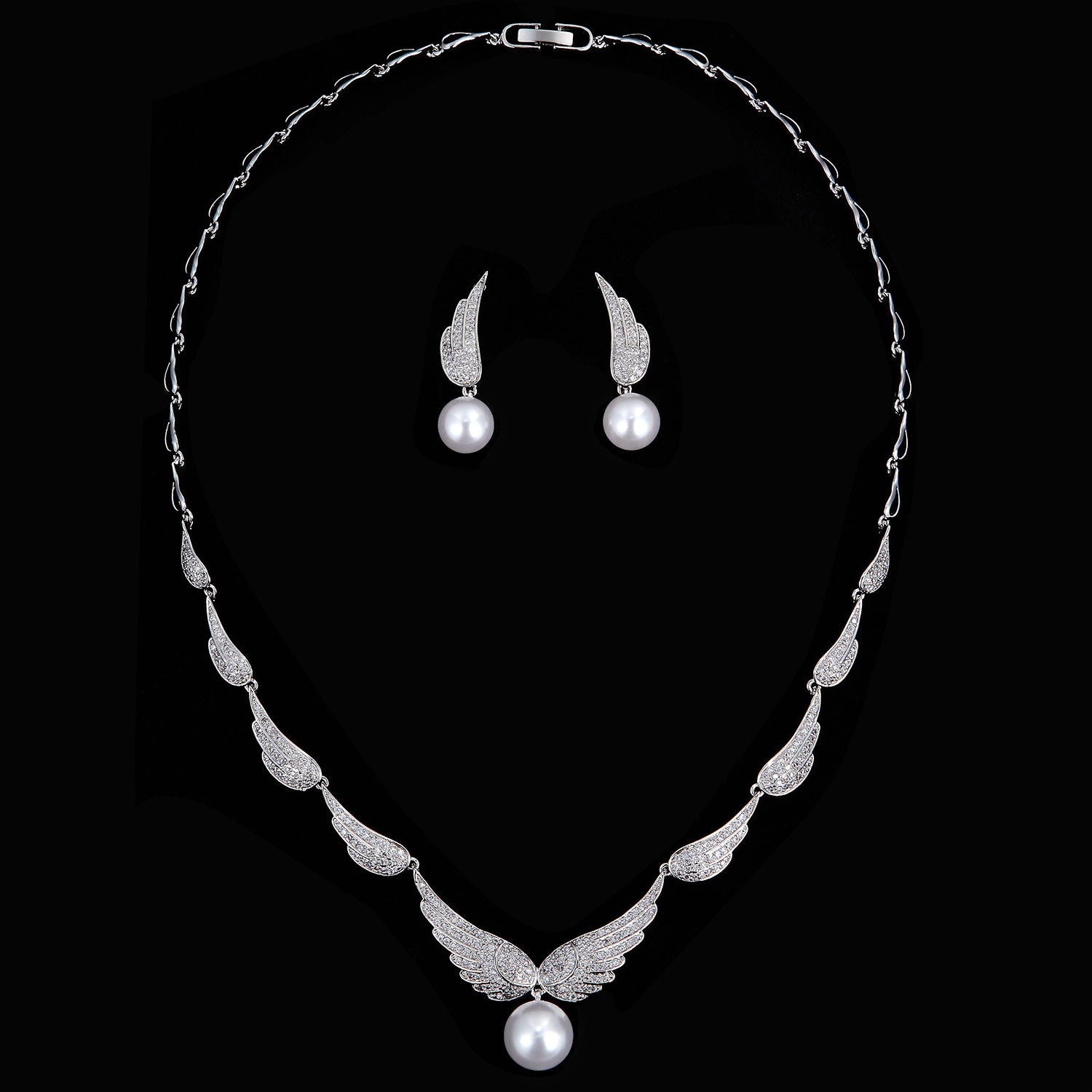 Elegant Cubic Zirconia Wing Pearl Bridal Jewelry Set - Necklace & Earrings for Wedding, Bride, Anniversary - Perfect for Bridal Shower, Engagement Party & Formal Occasions