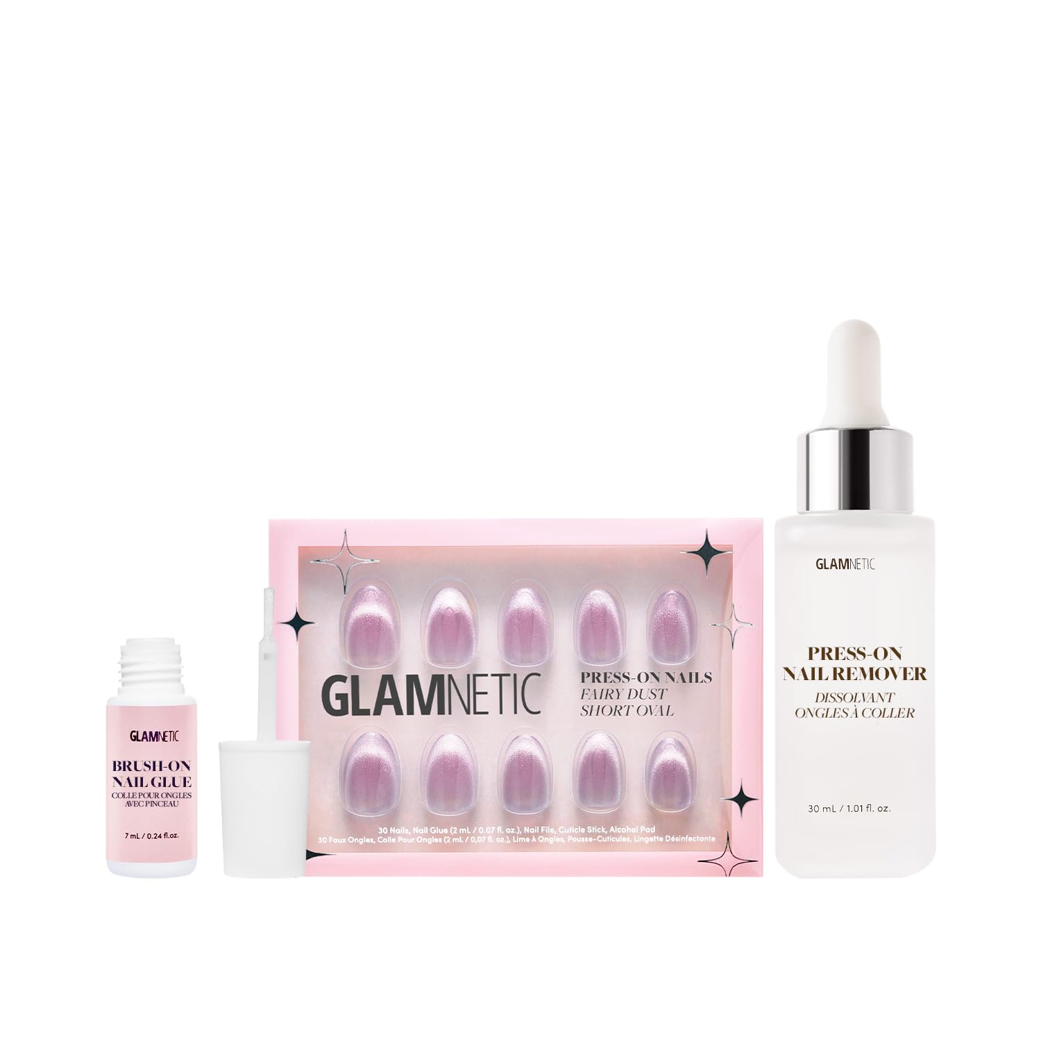 Glamnetic Press On Short Oval Fake Nails Kit - Fairy Dust Nails with Brush On Glue & Remover | Beige Pink Metallic Finish, Reusable Fake Nails | 15 Sizes, 30 Nails | Perfect for Parties, Weddings & Everyday Wear