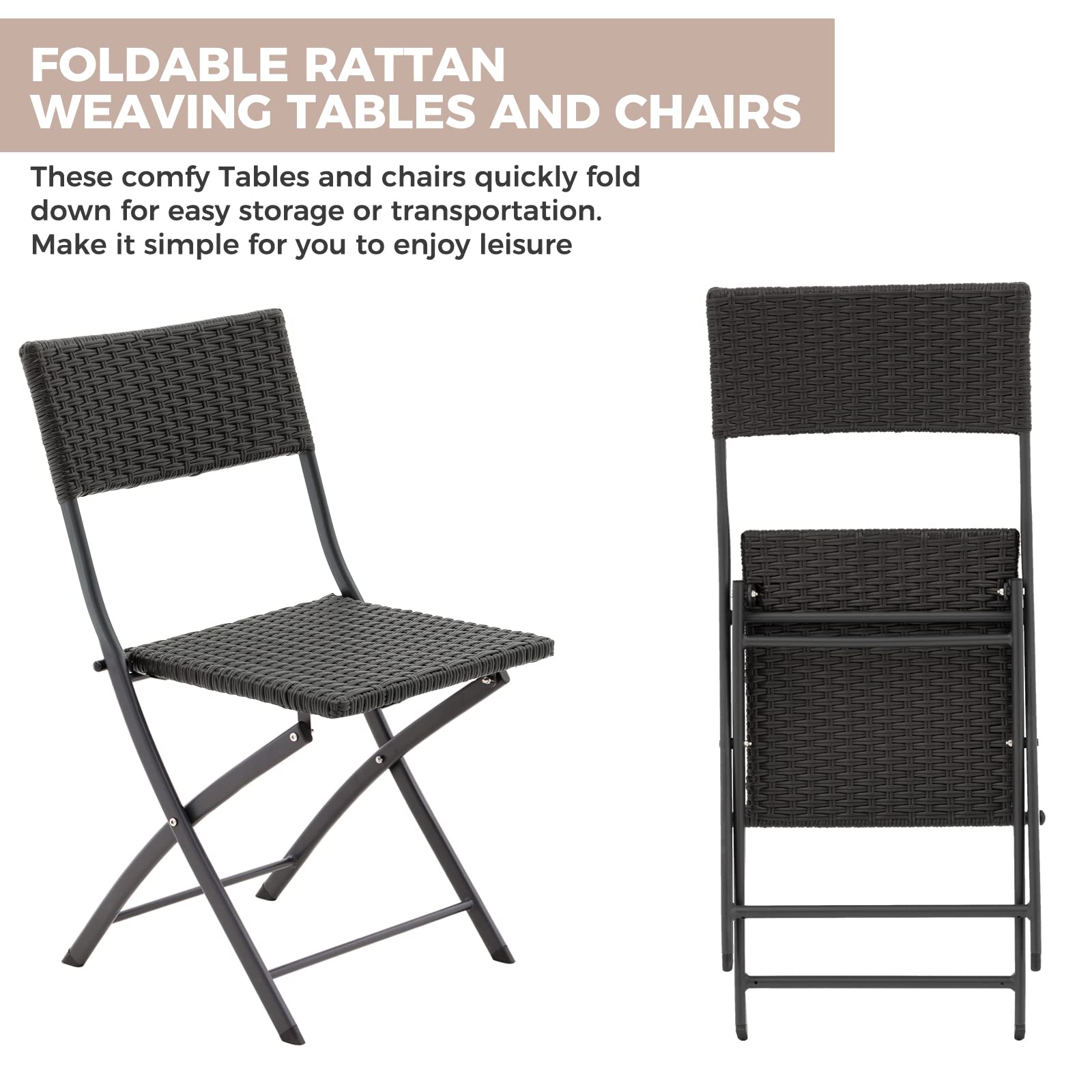 3-Piece Rattan Patio Bistro Set - Foldable Outdoor Furniture with Table & 2 Chairs - Weather-Resistant Wicker for Garden, Backyard, Pool, Lawn, Porch, Balcony - Perfect for Outdoor Dining, Relaxing & Entertaining (Black)