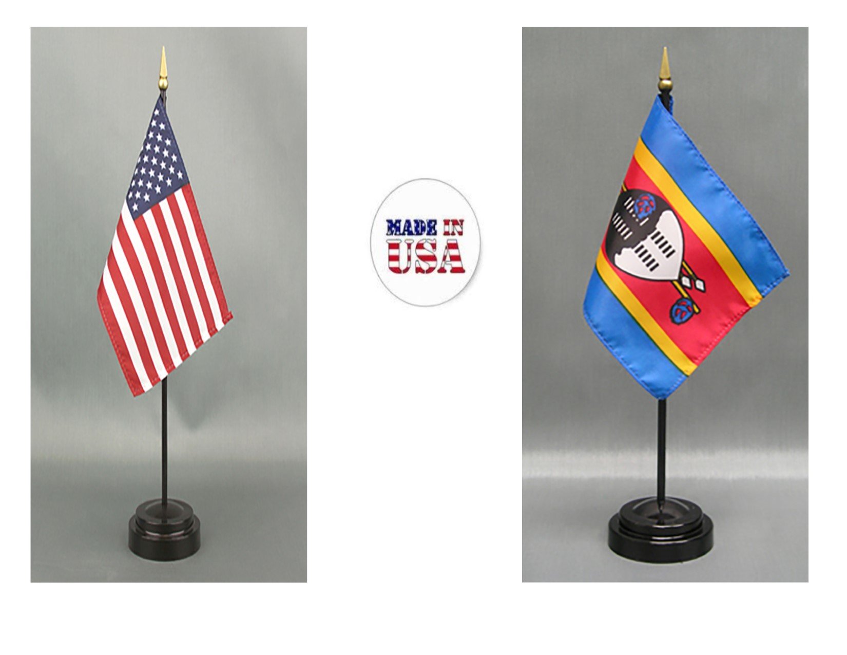 American Made Swaziland Desk Flag Set - 4x6 Inch Rayon Office Desk & Hand Waving Table Flags with 2 Stands (USA & Swaziland Flags) - Perfect for Office Decor, International Events, and Patriotic Displays