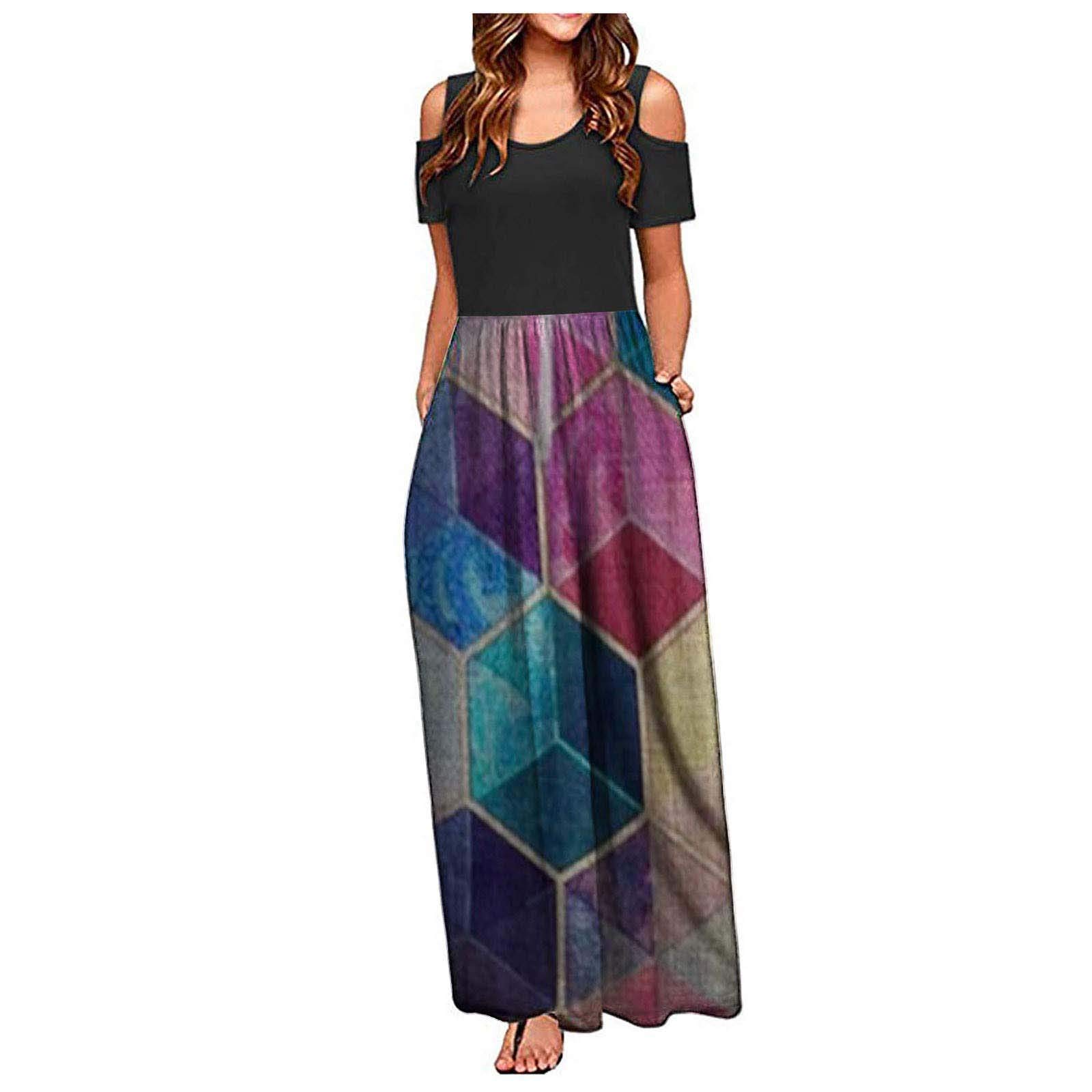 Women's Elegant Patchwork Floral Maxi Dress - Short Sleeve Cold Shoulder Sundress for Summer, Casual & Work Wear | Perfect for Beach Vacations, Office Outings & Date Nights