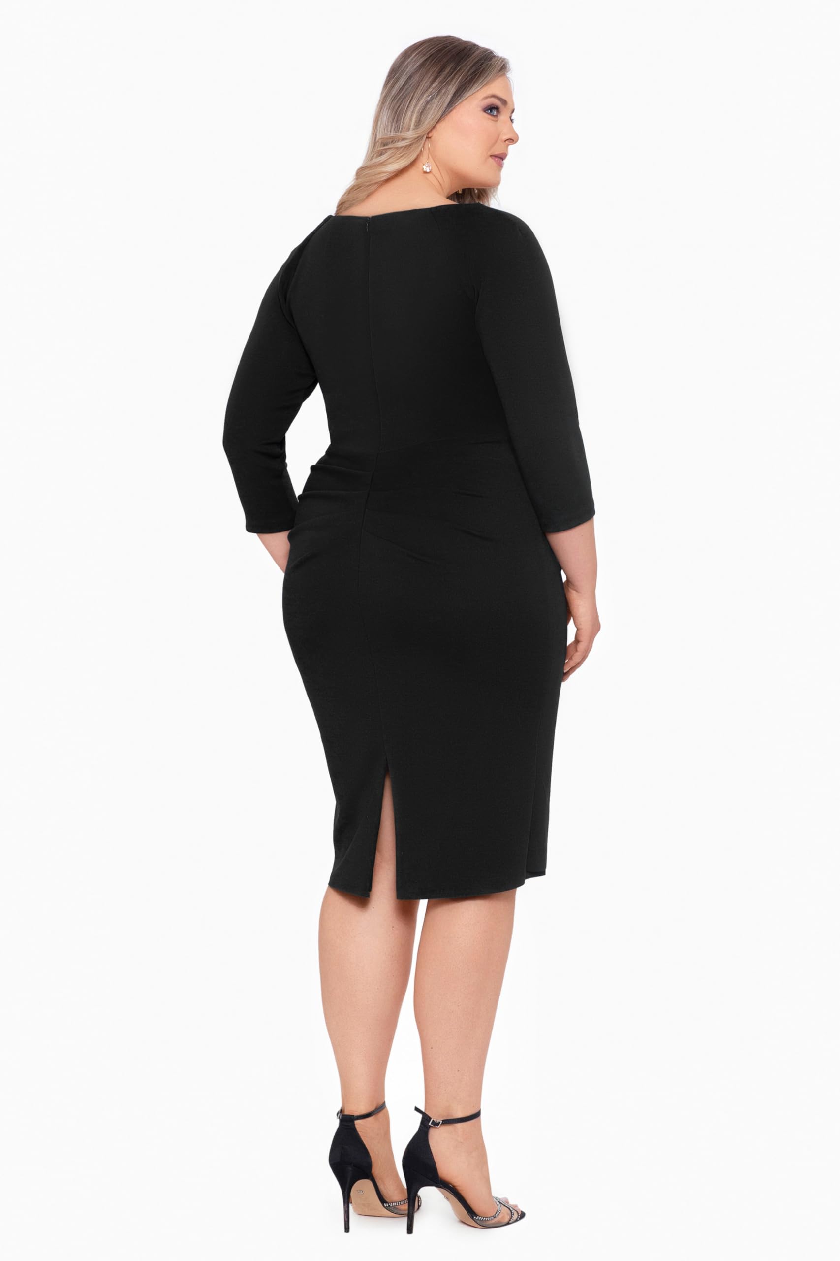 Xscape Women's Plus Size Midi V-Neck 3/4 Sleeve Side Ruched Dress - Flattering Casual & Party Wear for Curvy Women