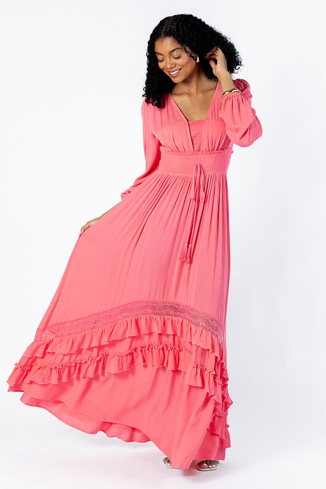 Lucky To Have You Coral Maxi Dress for Women - Flowy Summer Beach Dress with Pockets, Boho Chic Wedding Guest Dress, Perfect for Vacations & Date Nights