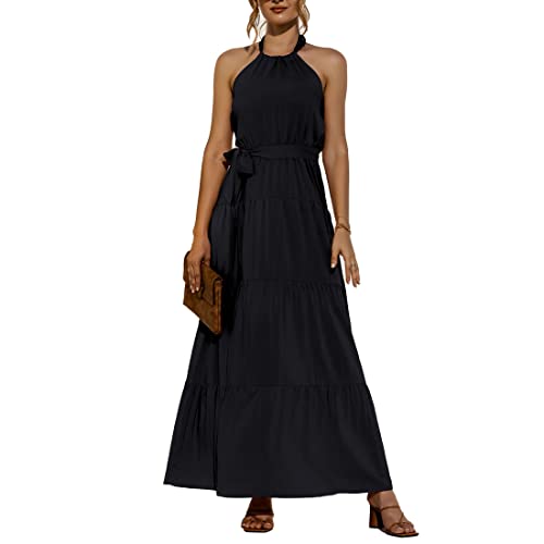 JOGGEIL Women's Summer Casual Halter Backless Maxi Dress with Waist Tie - Flowy Solid Color Beach Dress for Vacation, Party & Outdoor Date Night