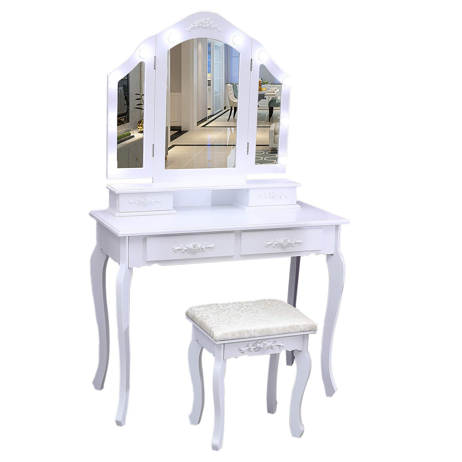Vanity Beauty Station with LED Lights - Large Tri-Folding Mirror, 4 Drawers Makeup Dressing Table & Cushioned Stool Set | Perfect for Bedroom, Dressing Room & Home Salon Organization