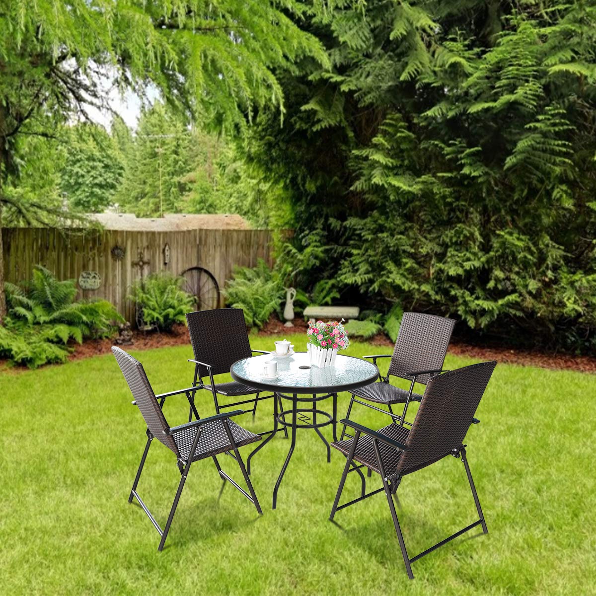 SAFSTAR 5-Piece Patio Dining Set - 4 Folding Wicker Chairs with 28