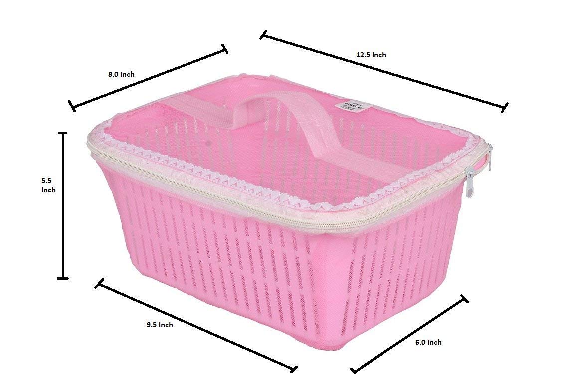 VELLURA Multipurpose Plastic Fruit & Vegetable Basket with Mesh Net Cover | Kitchen Storage Organizer for Dining Table, Countertop | Fresh Produce Keeper with Zipper Lid (Blue & Pink) - Perfect for Storing Apples, Bananas, Tomatoes in Pantry or Refrigerator