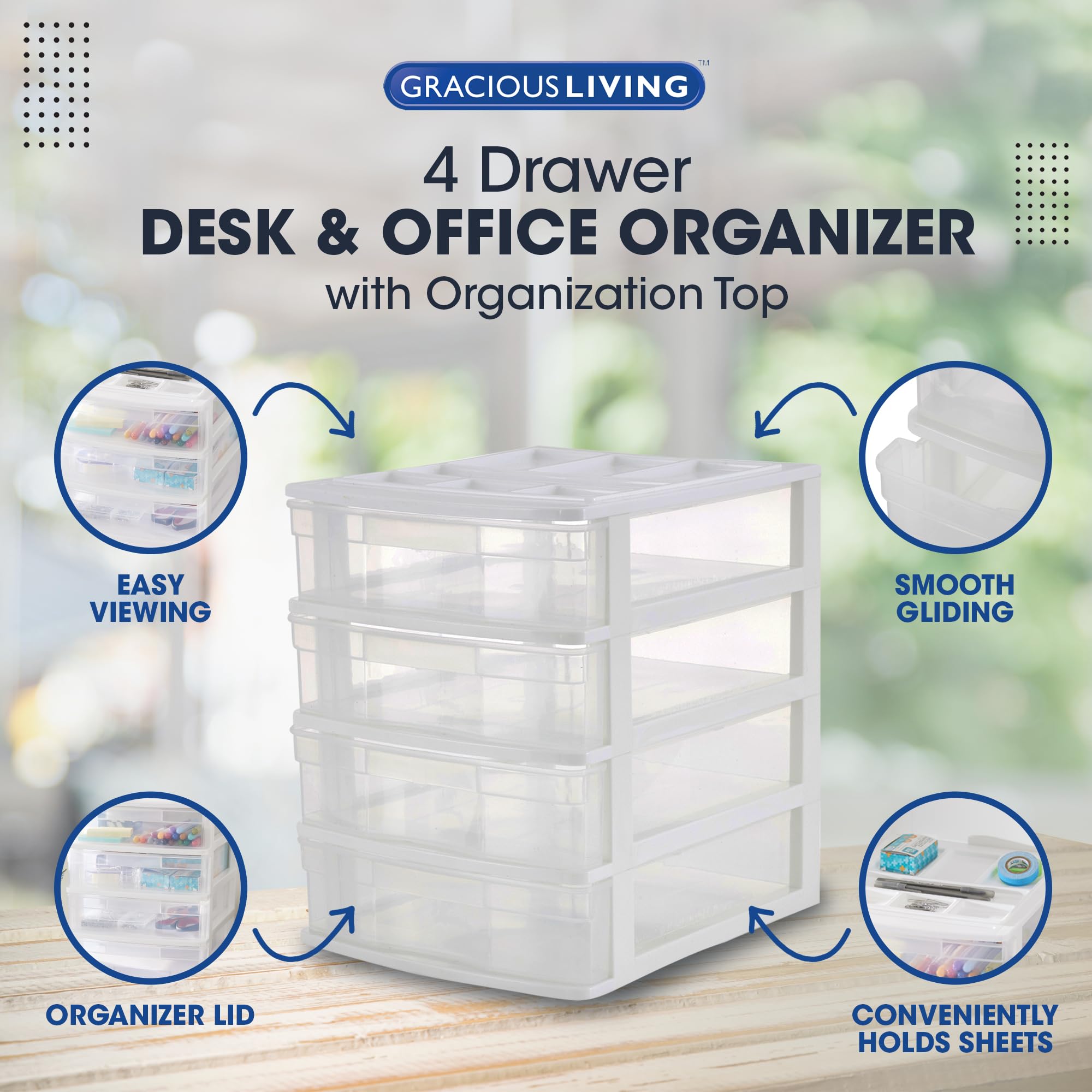 Gracious Living 4-Drawer Desktop Organizer with Lid - White/Clear Storage Box for Crafts, Office & School Supplies (3-Pack) - Perfect for Craft Rooms, Home Offices & Classroom Organization