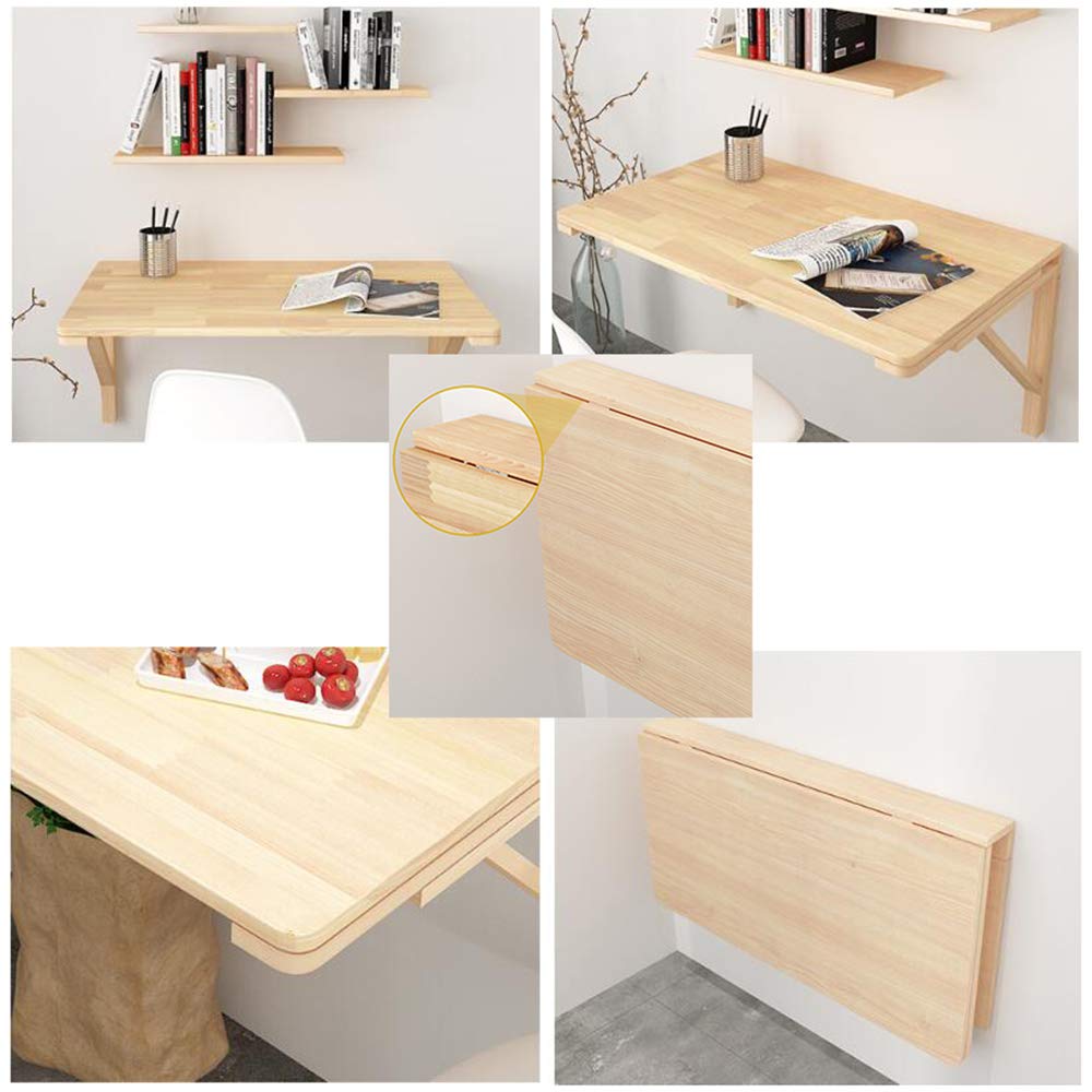Space Saving Folding Wall-Mounted Drop Leaf Table - Pine Wood Computer Desk for Small Spaces, Kids Study Table, Hanging Kitchen Dining Table & Home Office Desk (Natural Wood Color) | Perfect for Apartments, Dorms & Tiny Homes