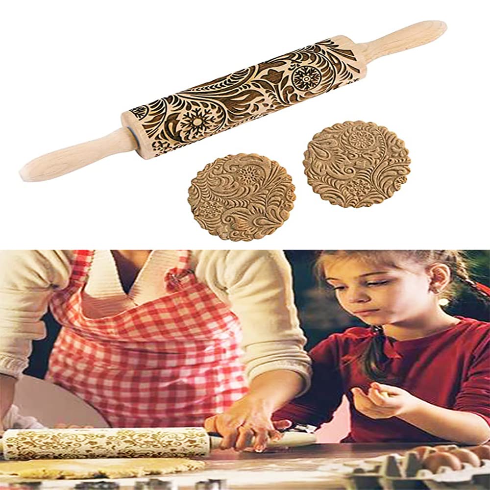 2 Pcs Embossed Wooden Rolling Pins - 3D Engraved Christmas Snowflake & Flower Pattern Dough Roller for Baking Cakes, Cookies, Pastry (14