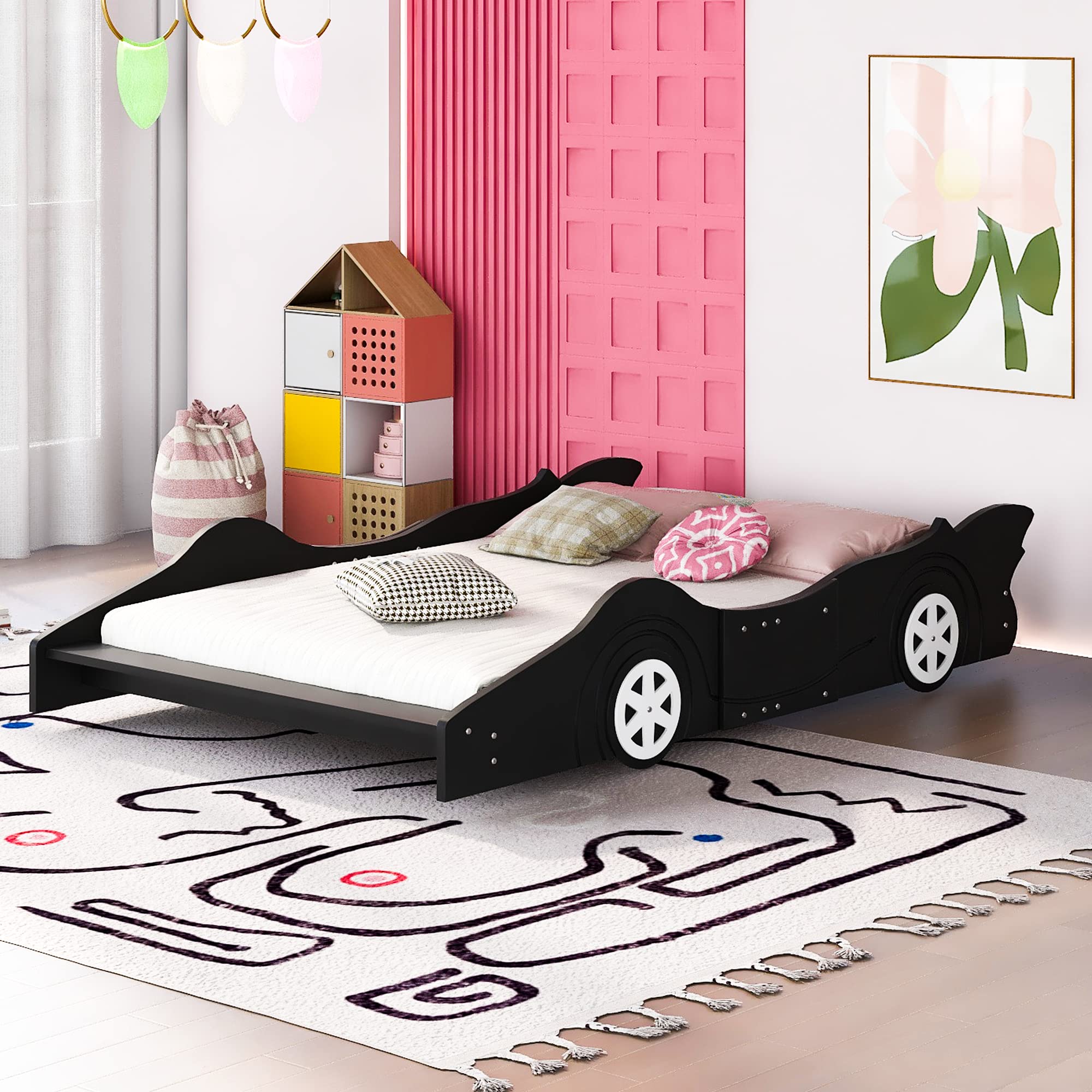 **Race Car-Shaped Full Size Wooden Bed Frame for Boys - CITYLIGHT Kids Car Bed with Wheels & Slat Support - Perfect for Child's Bedroom Decor & Playtime Adventures (Full, Black)**
