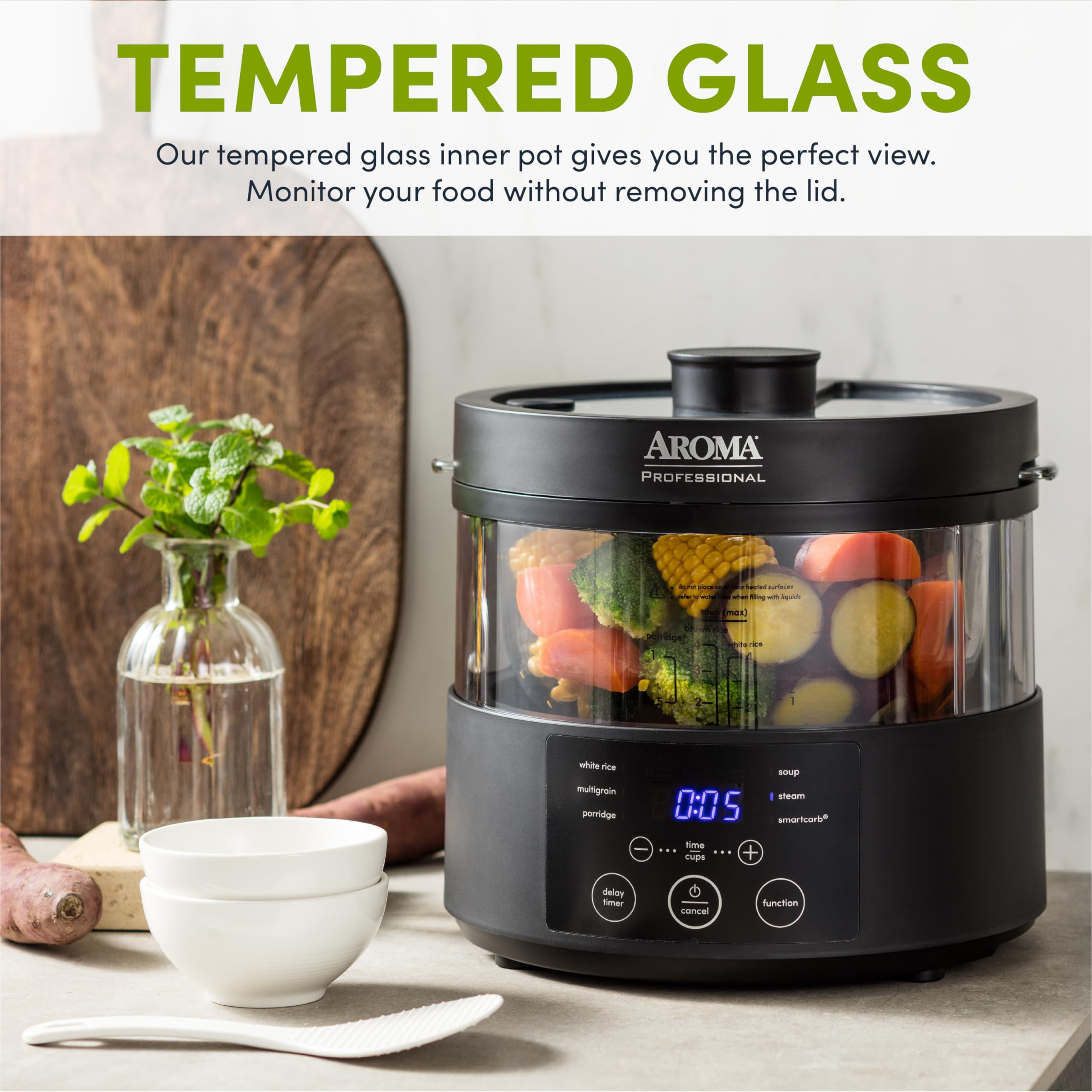 Aroma Housewares AMC-800 8-Cup SmartCarb Multicooker with Glass Inner Pot - Low Carb Rice Cooker, Food Steamer & Flavor-Lock Technology for Healthy Cooking - Perfect for Keto, Paleo & Gluten-Free Diets (Black) - Ideal for Meal Prep, Family Dinners & Healthy Lifestyle