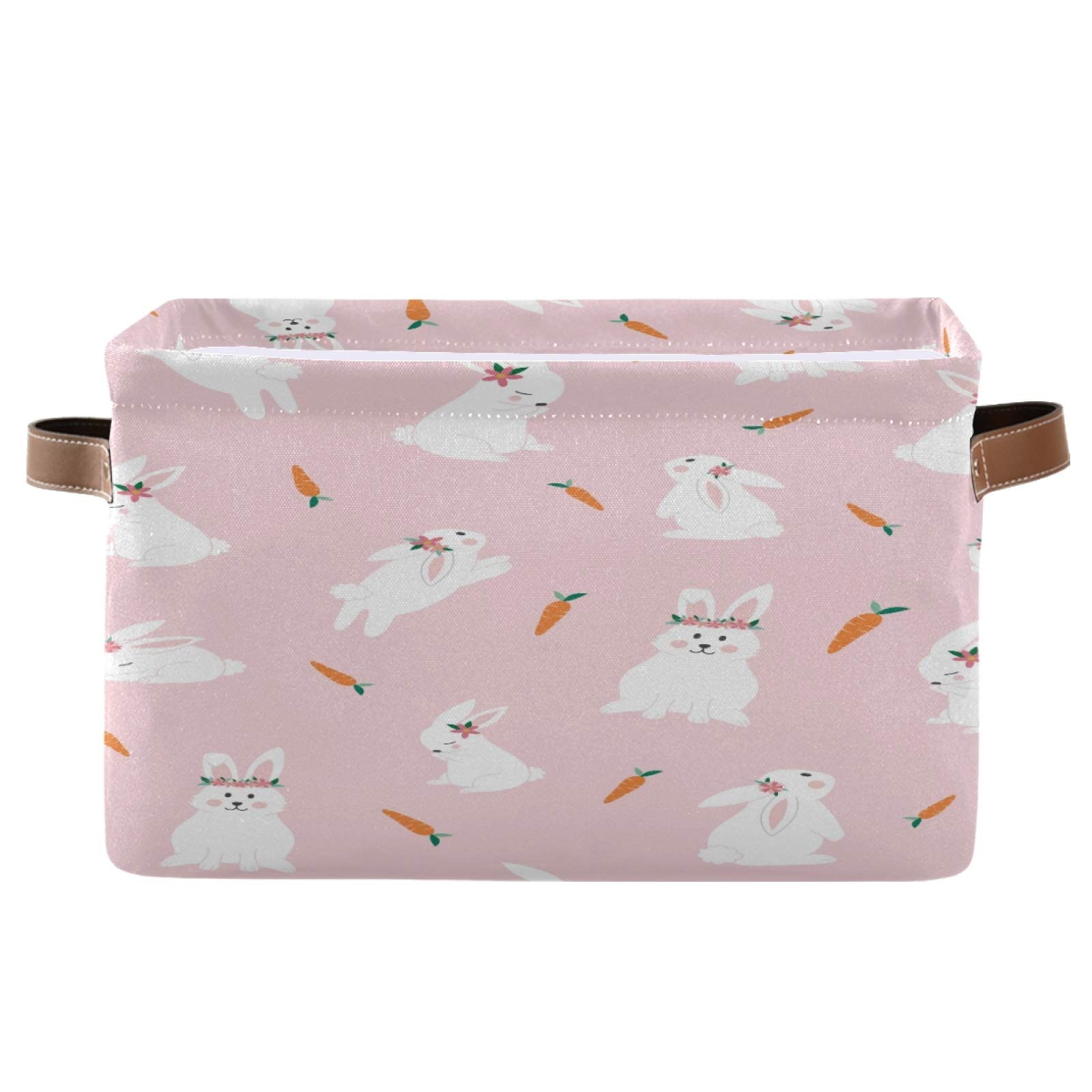 Easter Bunny Storage Basket with Carrots - Durable Canvas Collapsible Organizer Bin with Handles (15