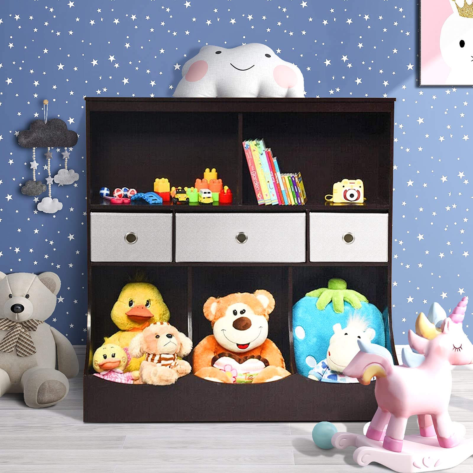 YGBH 8-Compartment Toy Storage Organizer with Bookcase & 3 Baskets - 37.79