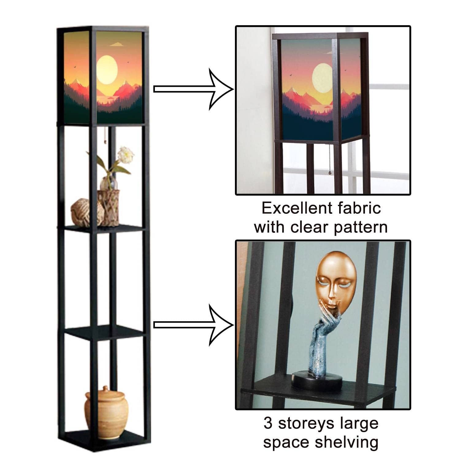 Sunset Stock Standing Floor Lamp with Shelves & Flaxen Fabric Shade - Tall Corner Lamp for Living Room, Bedroom, Office - Perfect for Reading, Relaxation & Aesthetic Home Decor