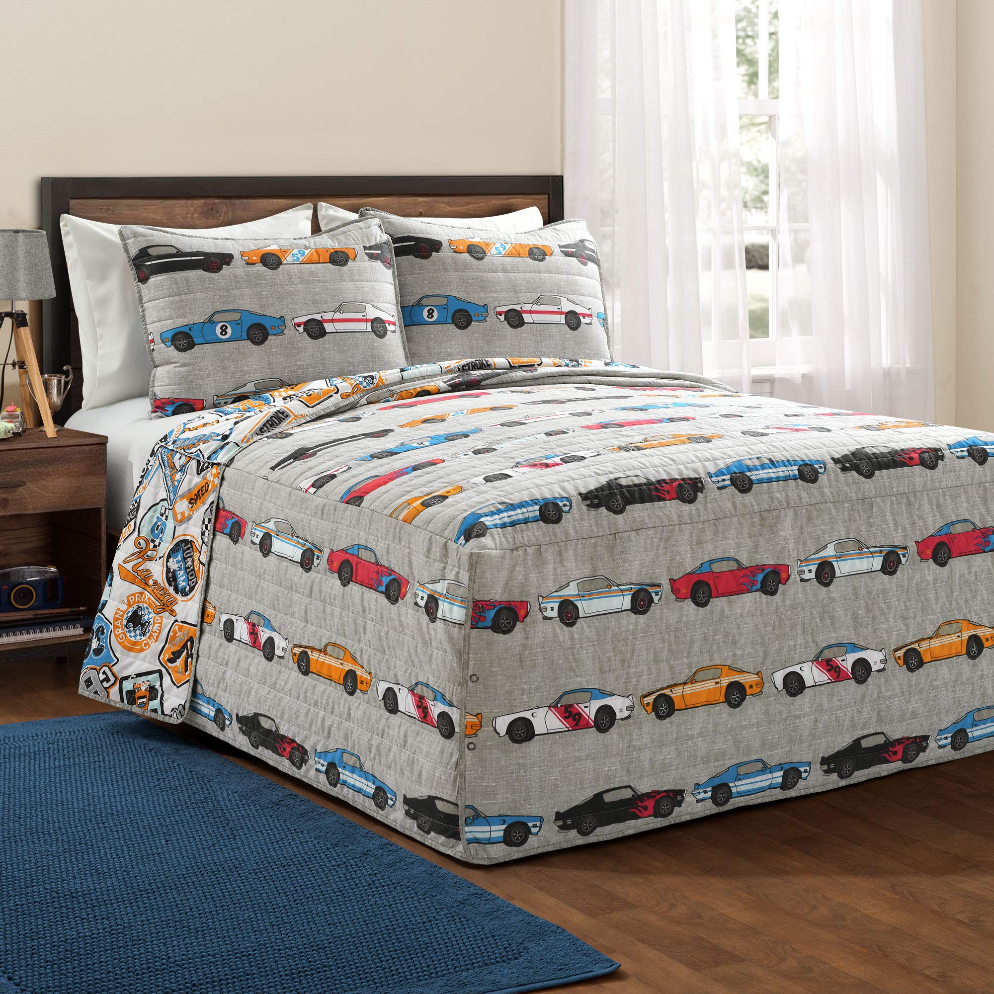 Lush Decor Blue & Orange Beige Race Car Kids' 3-Piece Reversible Bedding Set | Full Size Bedspread for Boys' Room | Perfect for Race Car Themed Bedrooms & Sleepovers
