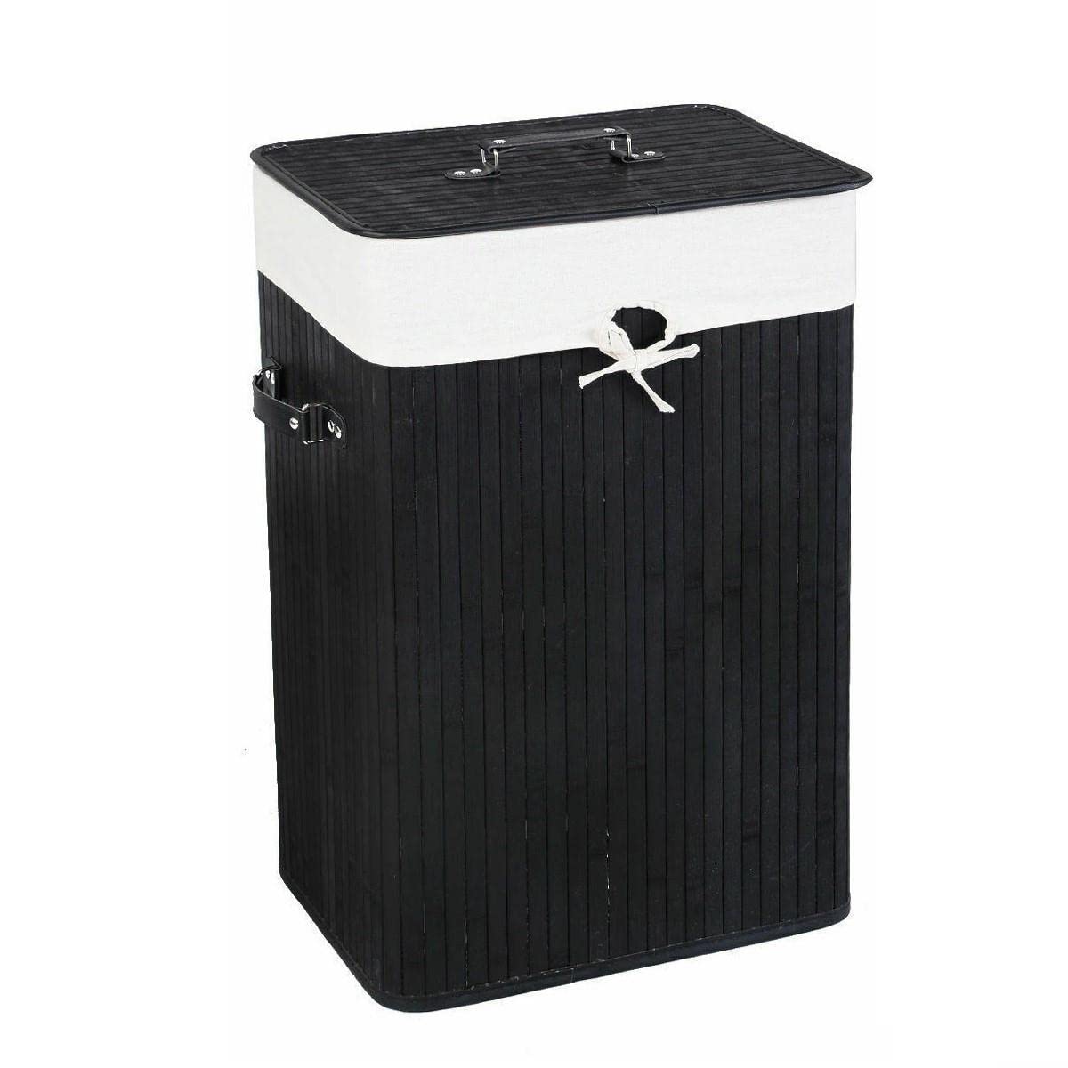 StateOJ Rectangle Bamboo Hamper Laundry Basket with Lid - Eco-Friendly Washing Cloth Storage Bin for Bedroom, Bathroom & Laundry Room Organization (Black) - Perfect for Clothes, Towels & Household Linens