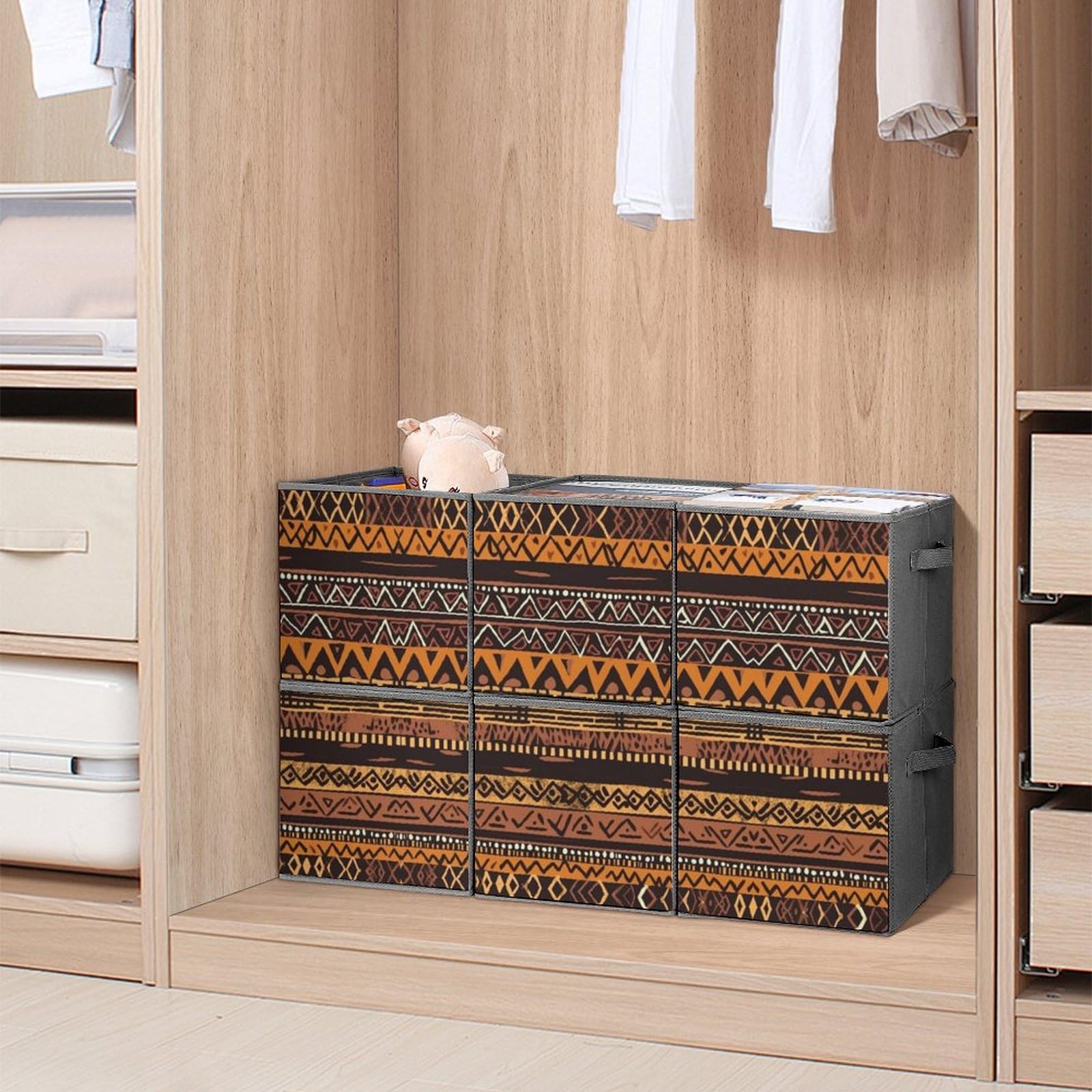 African Mud Cloth Tribal Storage Bins - 6 Pack Collapsible Fabric Baskets with Handles for Closet, Bedroom & Home Organization | Large Storage Cubes for Clothes, Toys & Household Items