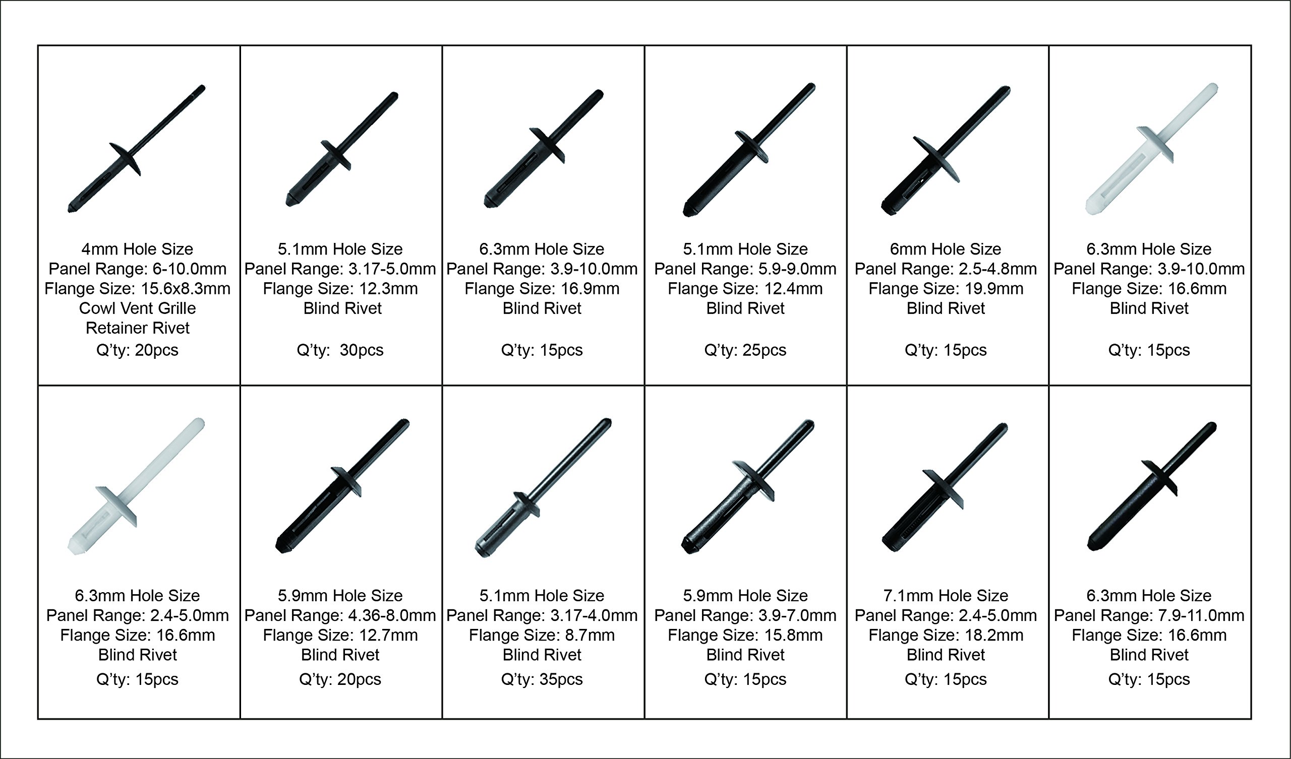 SWORDFISH 60390-235pc Universal Automotive Nylon Pop Rivet Assortment Kit - Durable Fasteners for Car Repair, DIY Projects & Industrial Applications