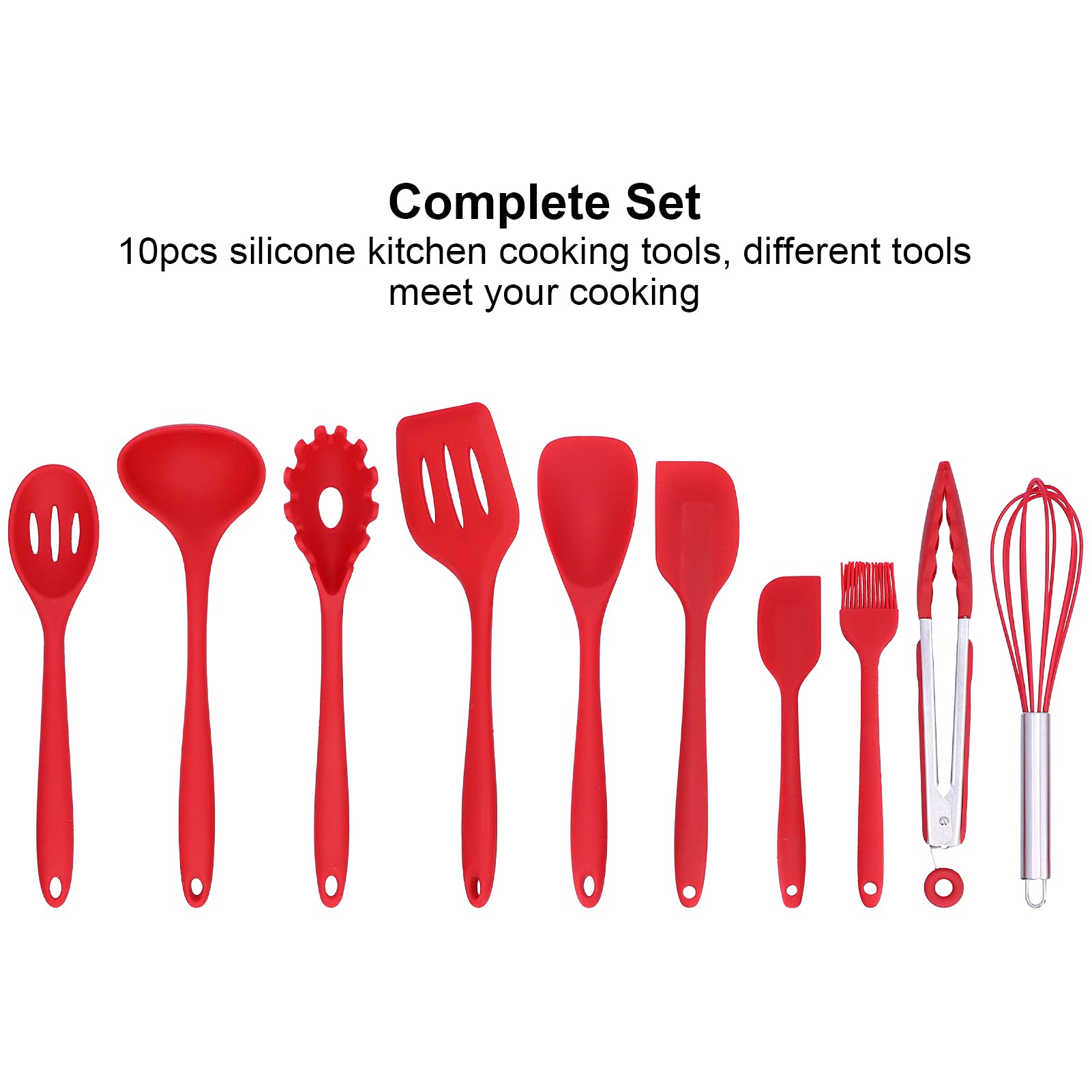 Silicone Kitchen Utensils Set - 10Pcs Non-Stick Spatula, Spoon, Eggbeater & Brush for Home Cooking (Red) - Ideal for Baking, Frying & Everyday Kitchen Use