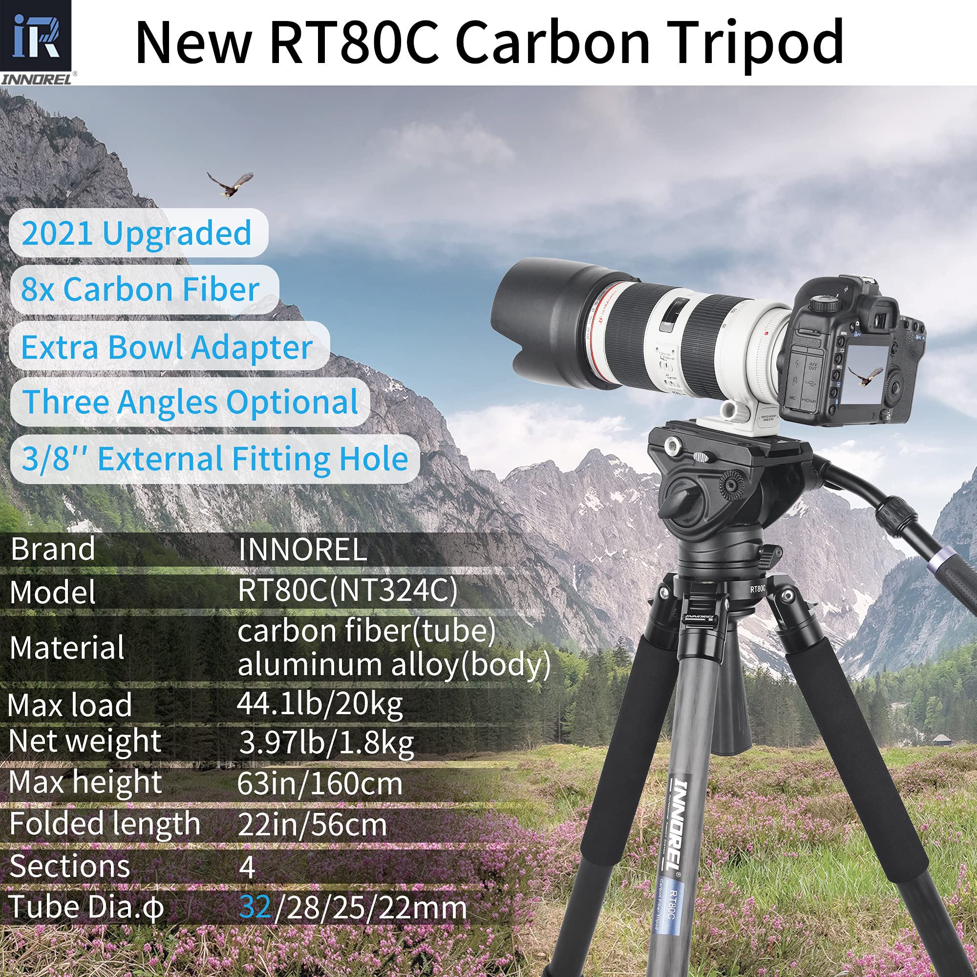 Professional RT80C Carbon Fiber Tripod for Birdwatching - Heavy Duty 20kg Max Load Bowl Tripod with Camera Stand | Perfect for Wildlife Photography, Outdoor Adventures & Telescope Mounting