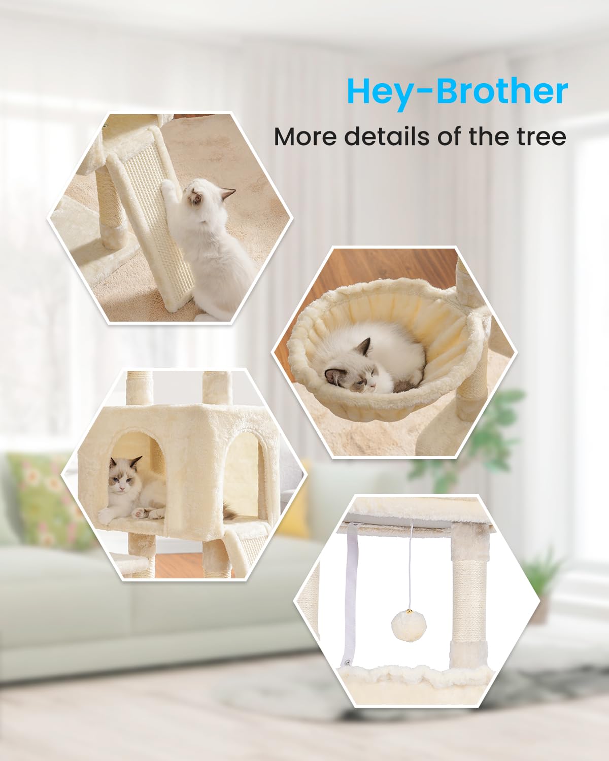 Hey-brother Large Cat Tree for Indoor Cats - Multi-Level Cat Tower with Cozy Condo, Plush Bed, Hammocks & Sisal Scratching Posts - Sturdy Cat Furniture for Play, Rest & Scratching (Beige, MPJ006-MM) - Perfect for Small Spaces, Apartments & Multi-Cat Homes