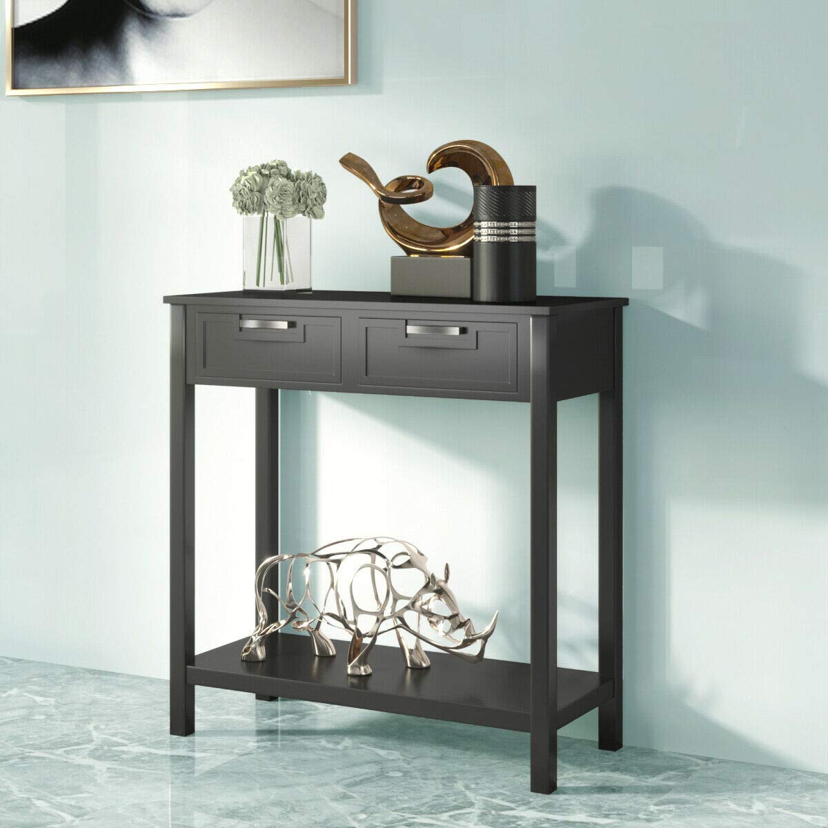 Modern Black Entryway Sofa Console Table with 2 Drawers - Sturdy Waterproof Storage Shelf for Living Room, Bedroom & Hallway - Easy to Clean Accent Furniture for Home Decor