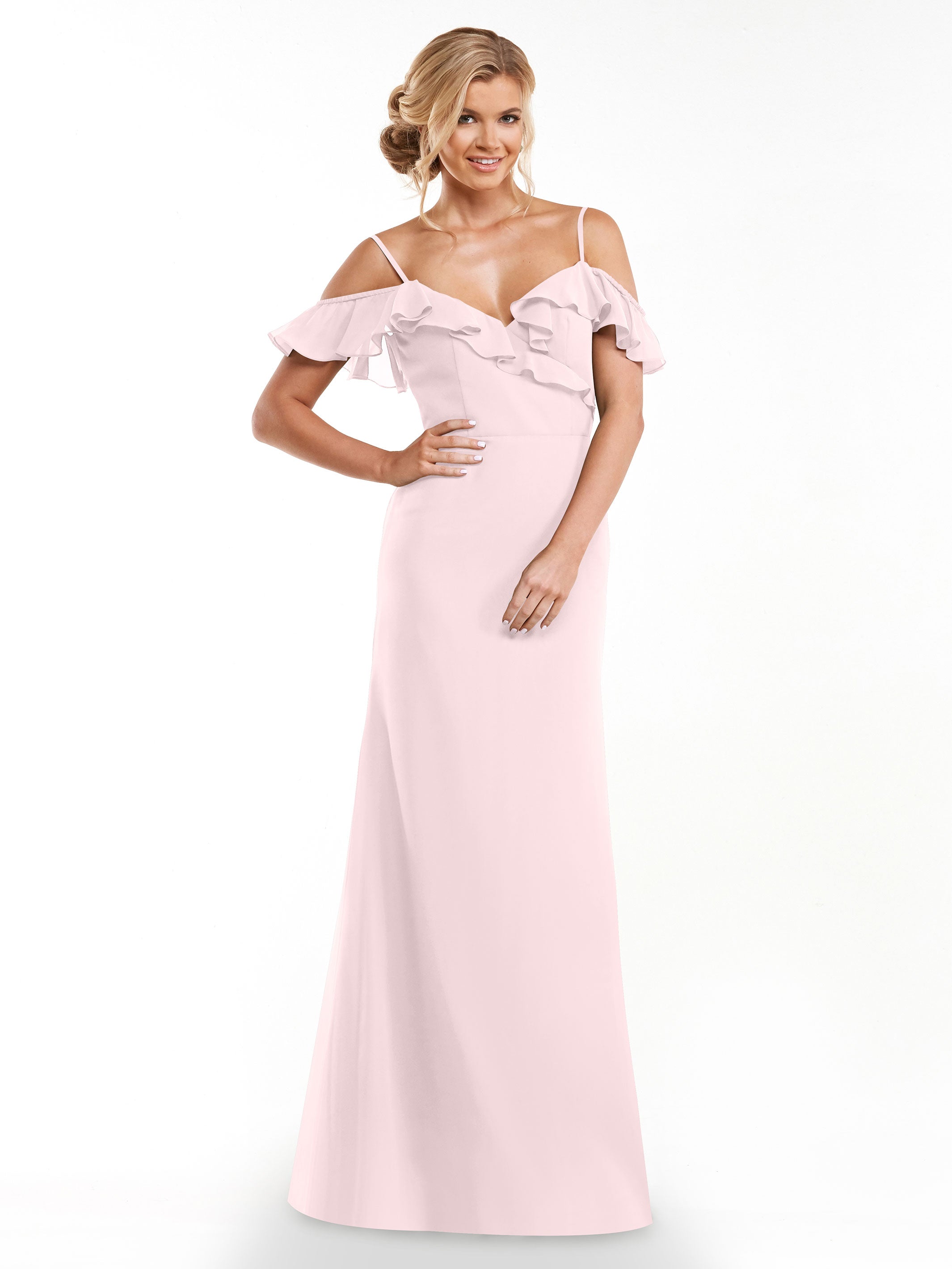 Elegant 80172 Chiffon Off-The-Shoulder A-Line Bridesmaid Dress with Ruffled Neckline - Perfect for Weddings, Formal Events & Special Occasions