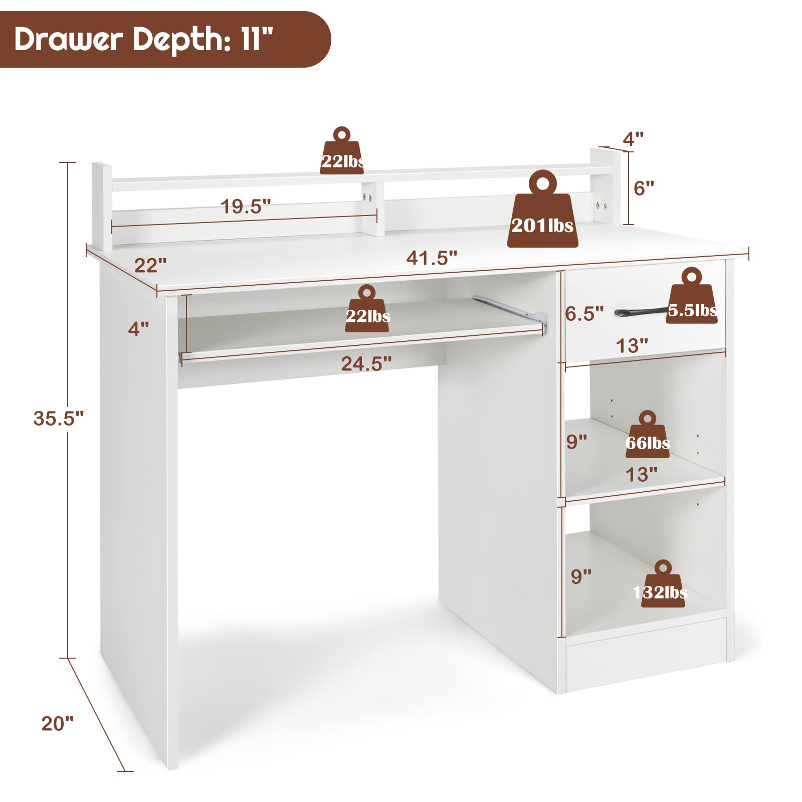 COSTWAY Computer Desk with Hutch - Home Office Desk with Drawer, Adjustable Shelf & Keyboard Tray | Study Writing Desk & Executive Workstation for Living Room, Bedroom & Office (White) | Perfect for Remote Work, Online Classes & Home Office Setup