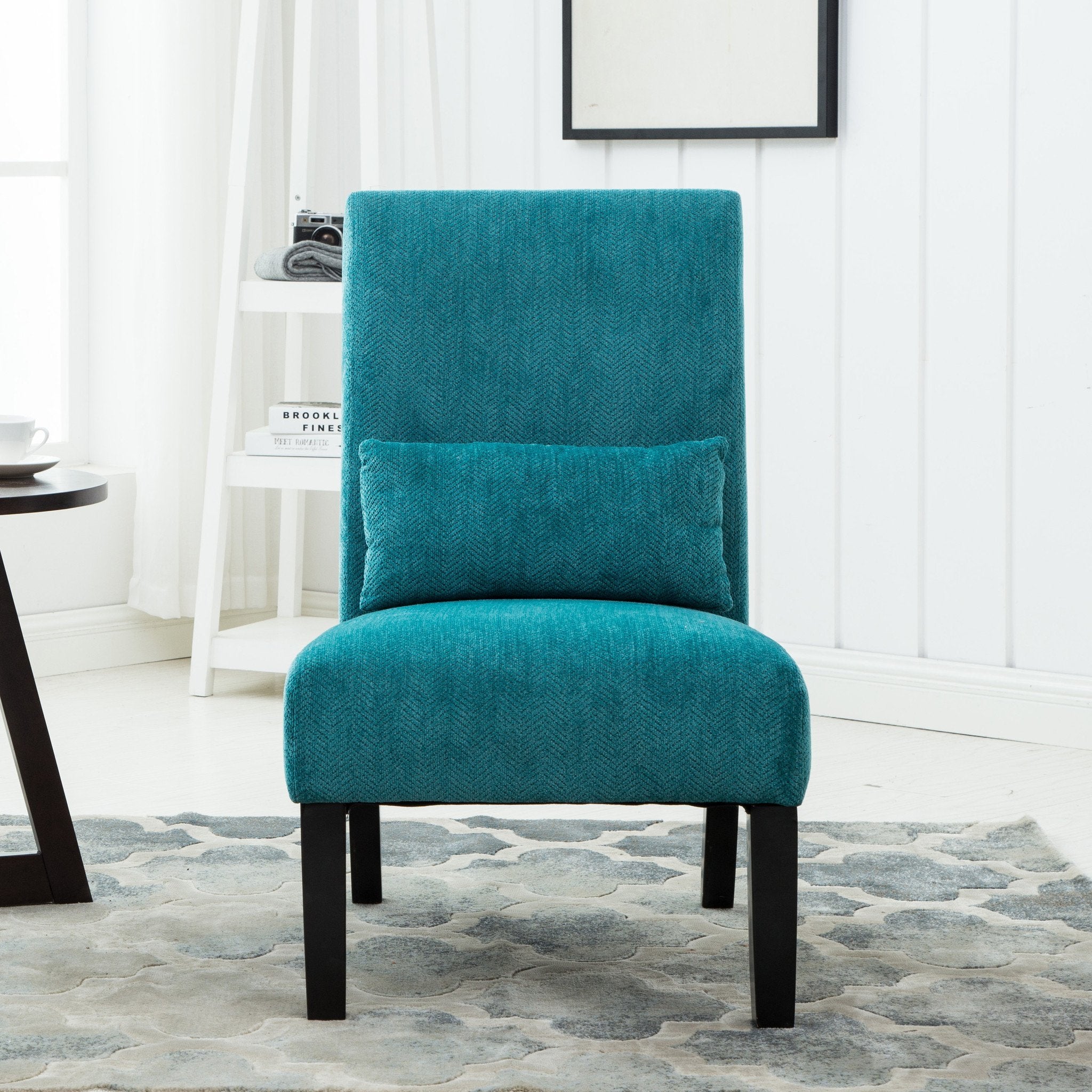 Roundhill Furniture Pisano Chenille Fabric Armless Contemporary Accent Chair with Matching Kidney Pillow in Teal Blue - Perfect for Living Room, Bedroom, or Office Decor
