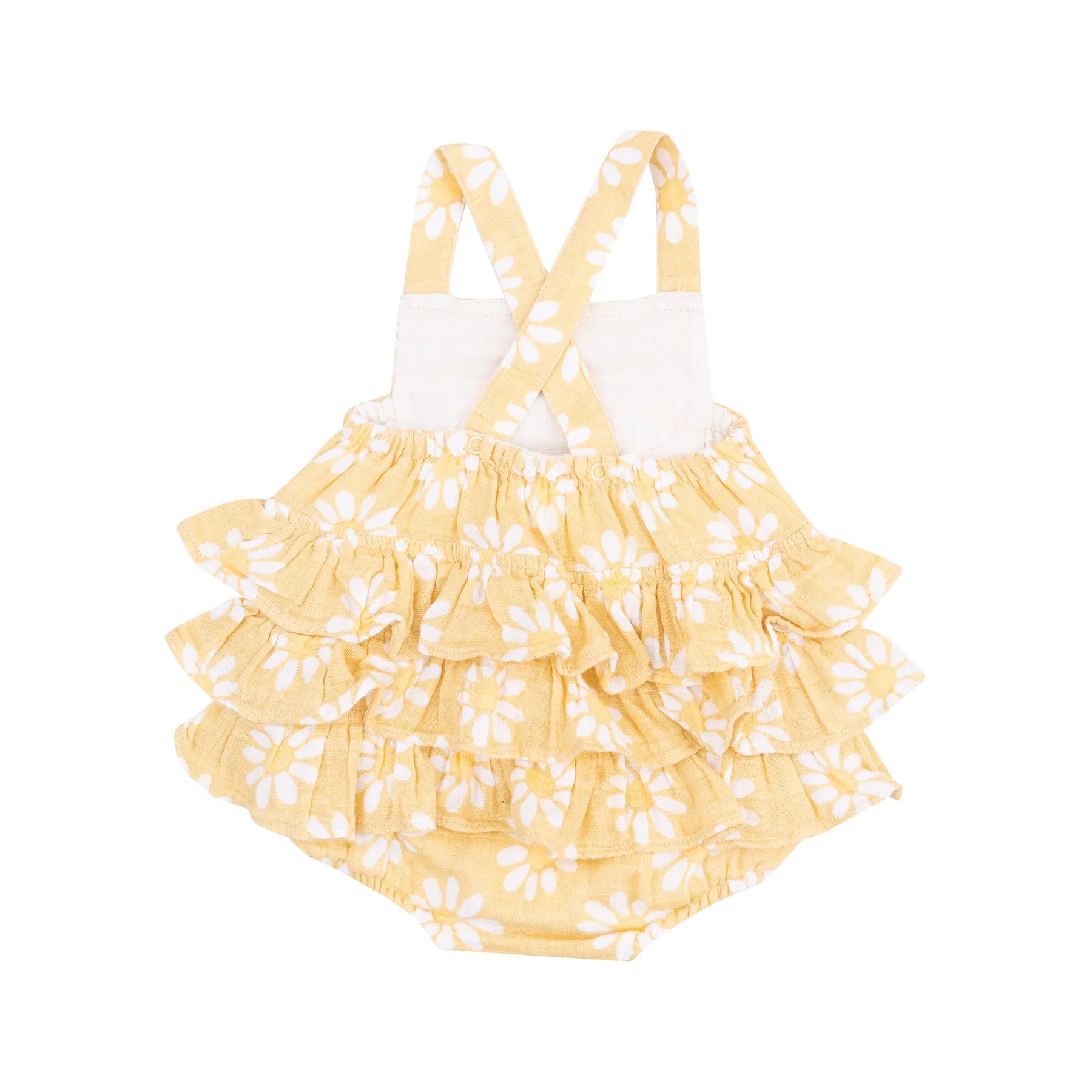 Yellow Mod Daisy Ruffle Sunsuit for Baby Girls | Cute Summer Romper with Floral Design | Perfect for Beach, Pool & Outdoor Play