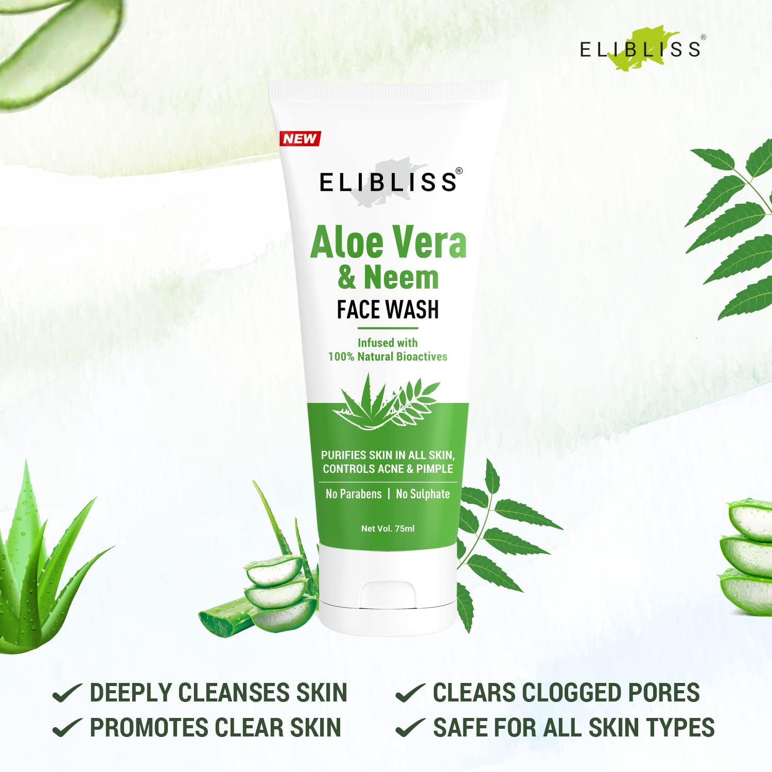 ELIBLISS Aloe Vera & Neem Refreshing Gel Face Wash for Glowing Skin - Gentle Daily Exfoliating Facial Cleanser (Pack of 2) | Hydrating & Soothing for Acne-Prone & Sensitive Skin | Morning & Night Skincare Routine