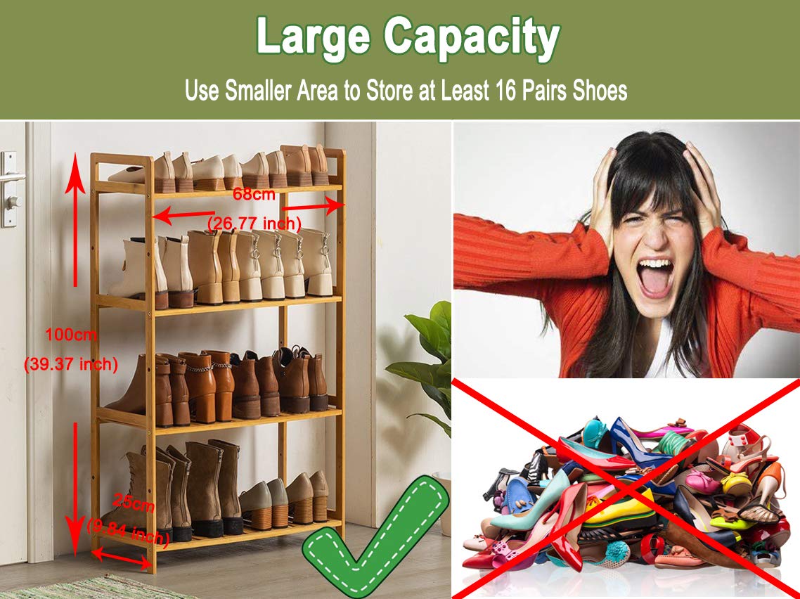4-Tier Adjustable Wooden & Bamboo Shoe Rack Organizer - Space Saving Entryway Storage for Boots, Sneakers & High Heels - Perfect for Bedroom, Closet & Mudroom Organization