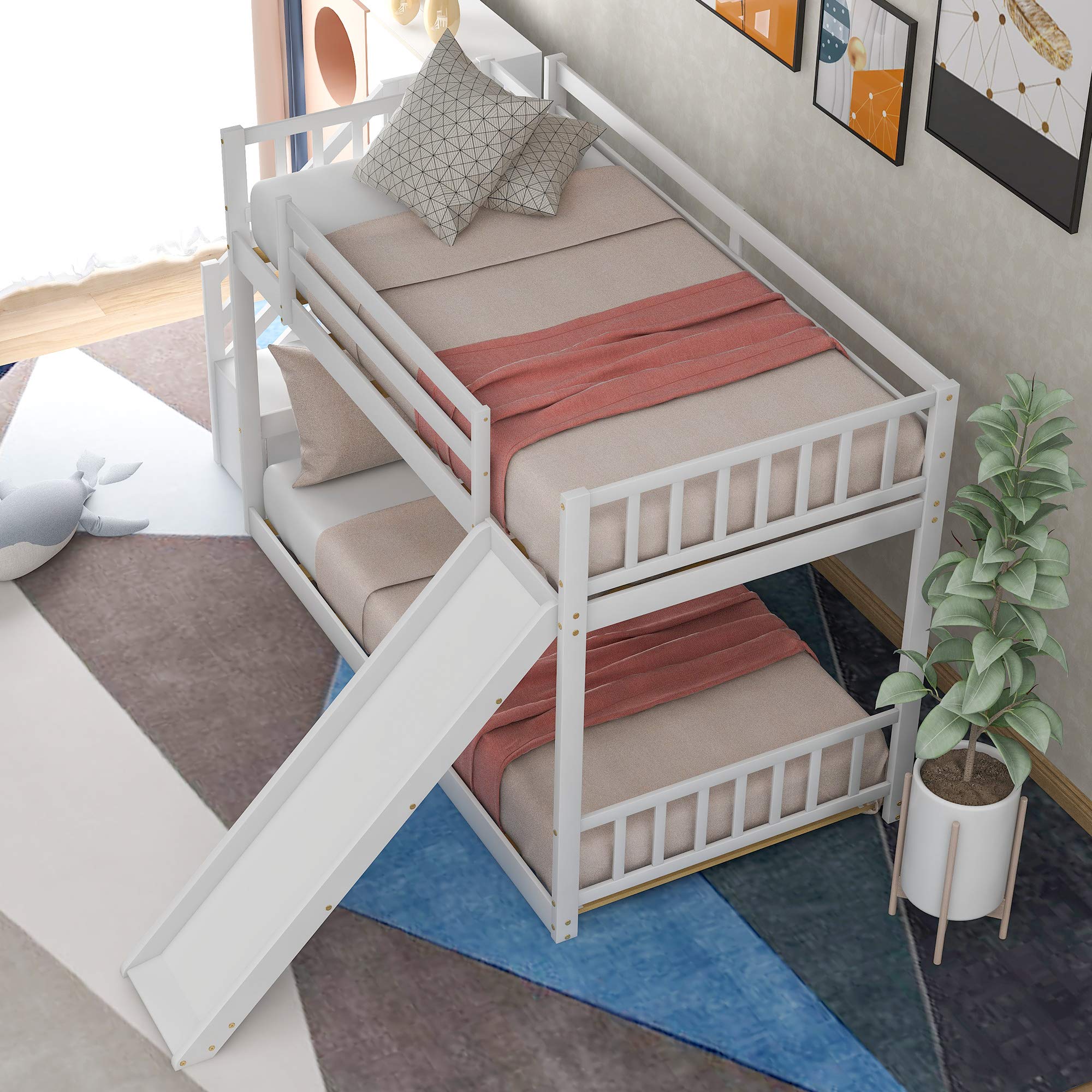 **Convertible Twin Over Twin Wooden Bunk Bed with Slide & Stairway - Low Height Kids Bunk Bed, No Spring Box Needed (White) - Perfect for Small Bedrooms, Shared Kids' Rooms & Sleepovers**