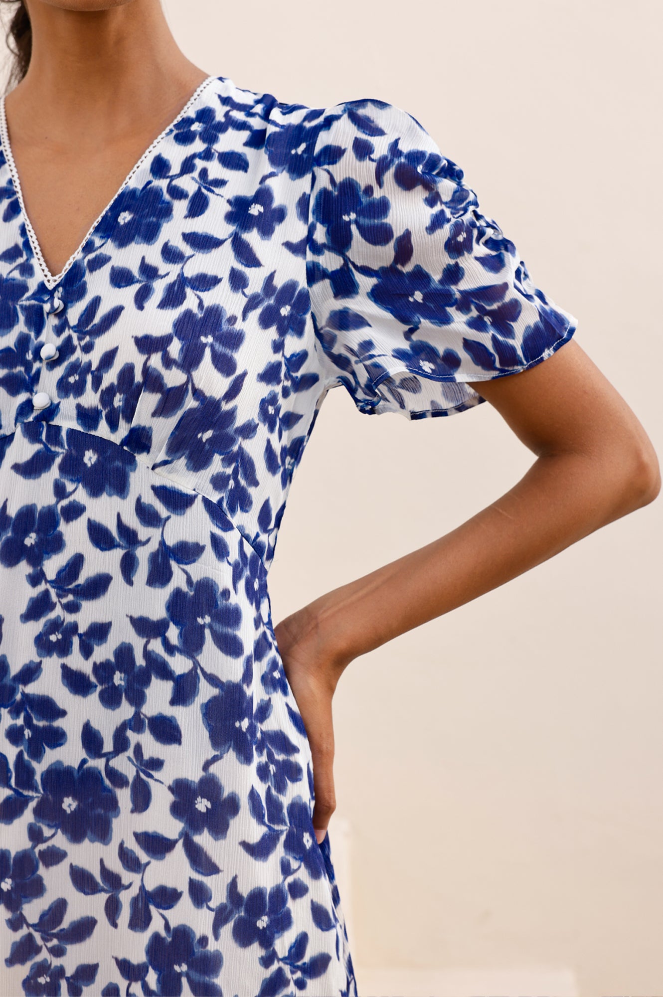 Ellery Floral Print Dress for Women - Blossom Cream & Navy Blue - Perfect for Spring Weddings, Garden Parties & Summer Outings