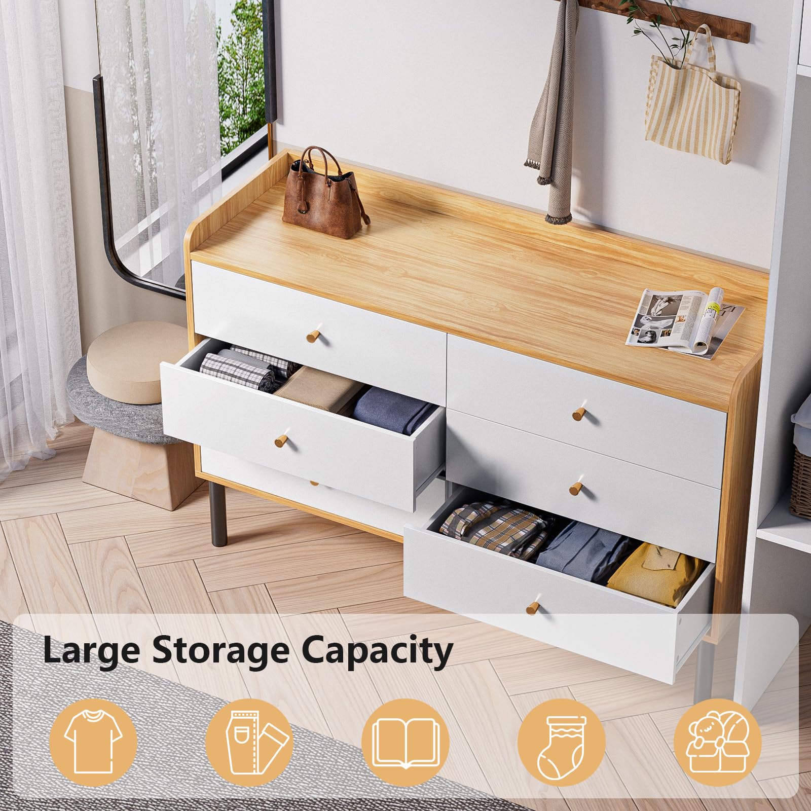LYNSOM 6-Drawer Natural Wood Dresser for Bedroom - Modern Wide Drawer Storage with Metal Handles - Sturdy Chest of Drawers for Hallway, Entryway, Living Room & Bedroom Organization