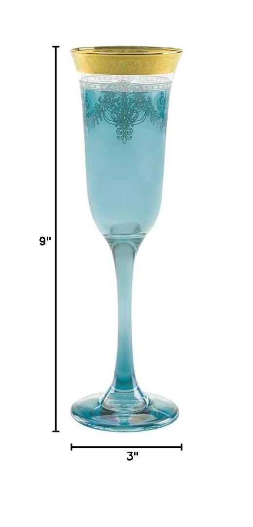 Elegant Modern Glass Drinkware Set - 9 oz. Blue Champagne Flutes with Gold Band, Set of 6 - Perfect for Parties, Weddings & Special Events