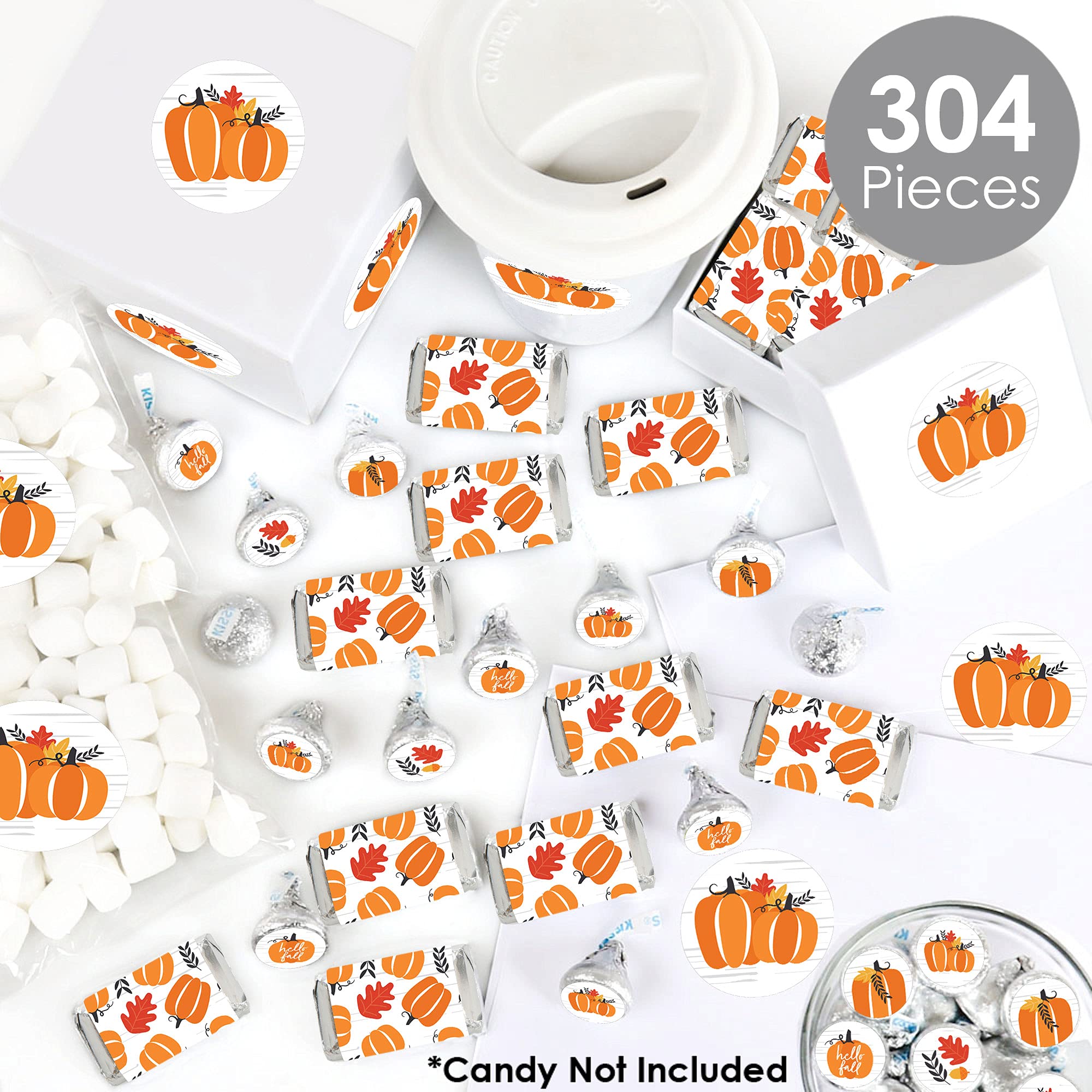 Big Dot of Happiness Fall Pumpkin Candy Bar Wrappers & Stickers Kit - 304pcs Halloween Thanksgiving Party Favors for Treat Bags, Classroom Rewards, Autumn Festivities