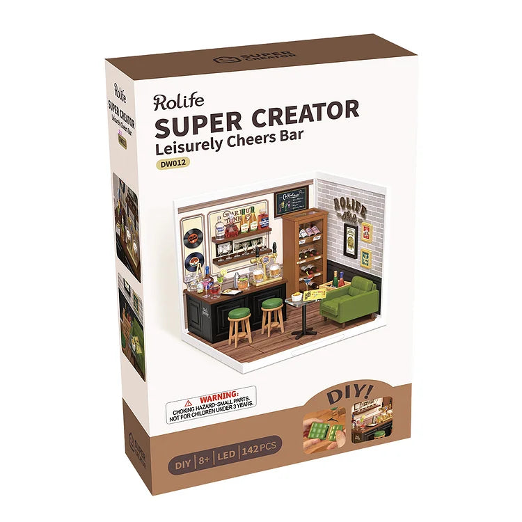 Rolife Leisurely Cheers Bar DIY Plastic Miniature House Kit - Mini Pub Model for Adults & Teens, Perfect for Home Decor, Gift Giving & Relaxing Hobby Projects