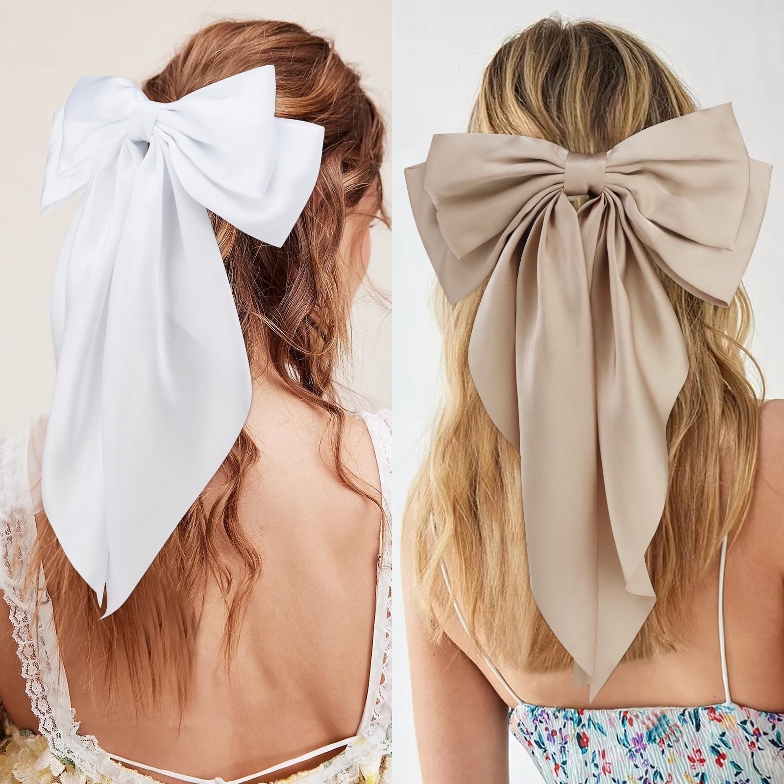 3Pcs Women's Hair Bows Set - White, Black & Khaki Oversized Satin Hair Accessories with Long Tails, Barrettes & Clips | Perfect Gift for Girls, Teens & Women | Great for Weddings, Parties & Daily Styling