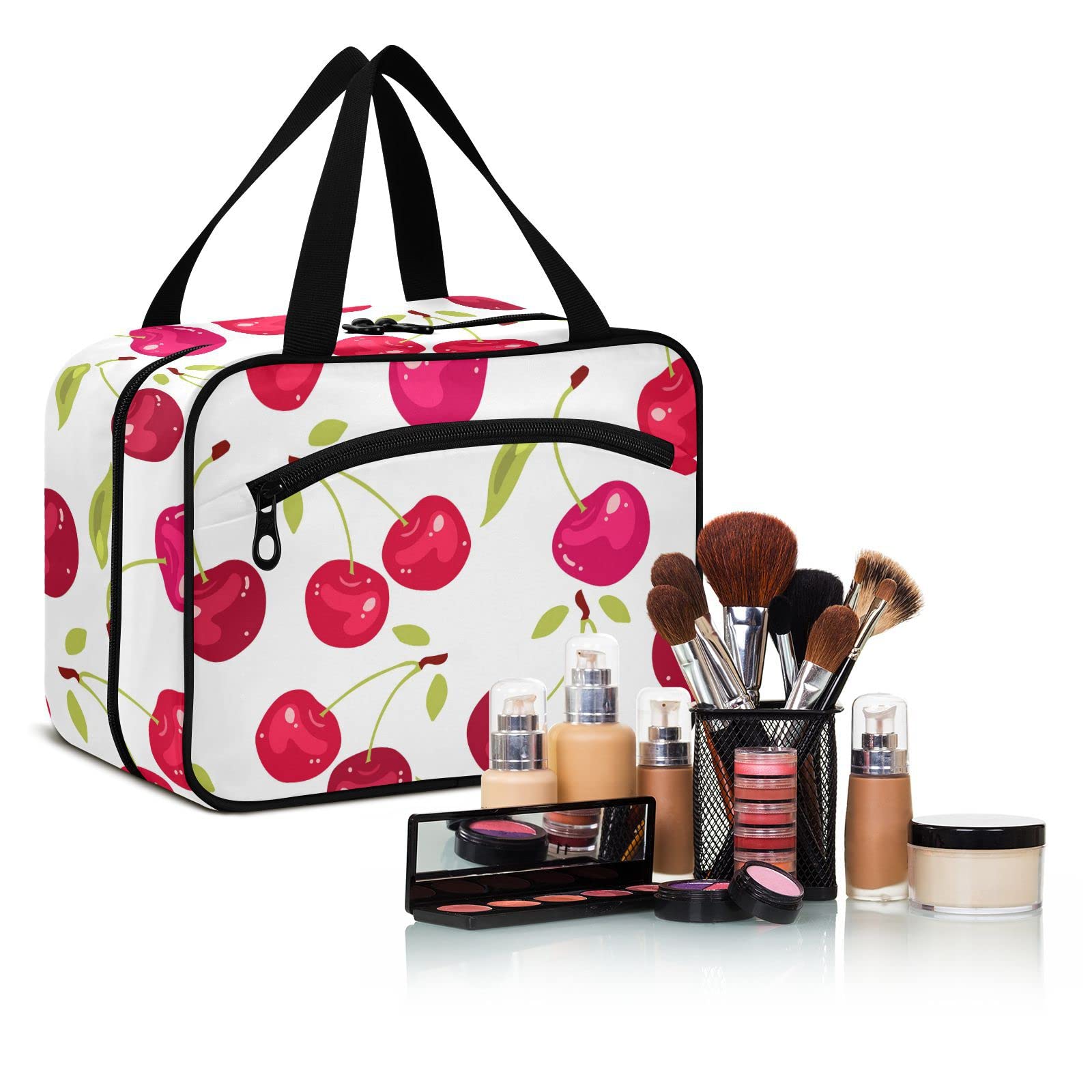 Waterproof Hanging Toiletry Bag with Hooks - Large Travel Cosmetic Organizer for Women & Men, Red Cherry Design - Perfect for Bathroom, Camping, Gym & Vacation Essentials Storage