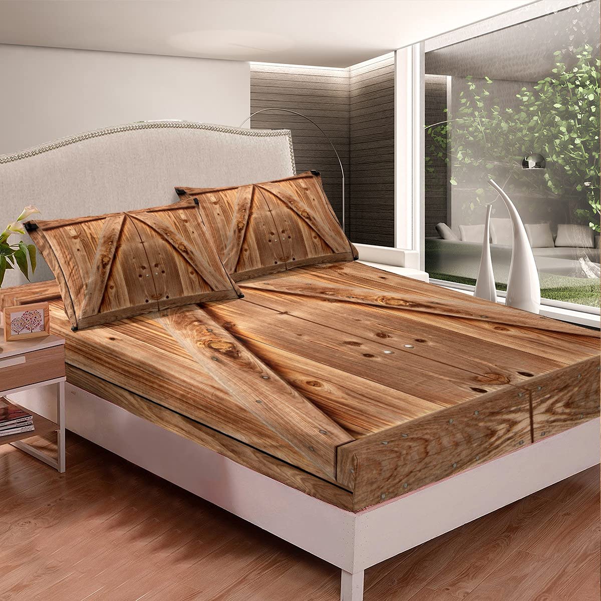 Erosebridal Rustic Wooden Barn Door Bedding Set - Full Size Western Style Fitted Sheet with 2 Pillowcases - Vintage Farmhouse Bed Cover for Adult Bedroom Decor (3-Piece Set) | Perfect for Western Themed Bedrooms, Guest Rooms & Rustic Home Decor