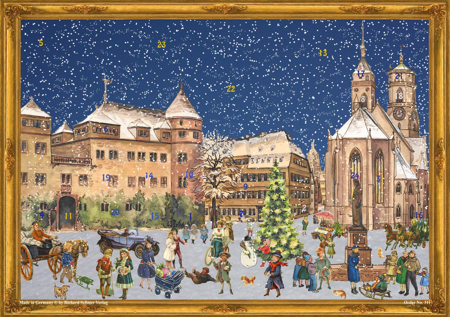 Stuttgart Town Square Christmas German Advent Calendar - Victorian Themed Holiday Countdown Decor for Home, Office & Gift Giving